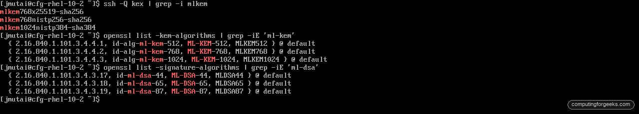 RHEL 10.2 post-quantum ML-KEM key exchange in SSH and ML-KEM and ML-DSA algorithms in OpenSSL