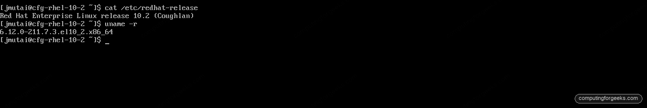 RHEL 10.2 Coughlan release verification showing kernel 6.12.0-211.7.3