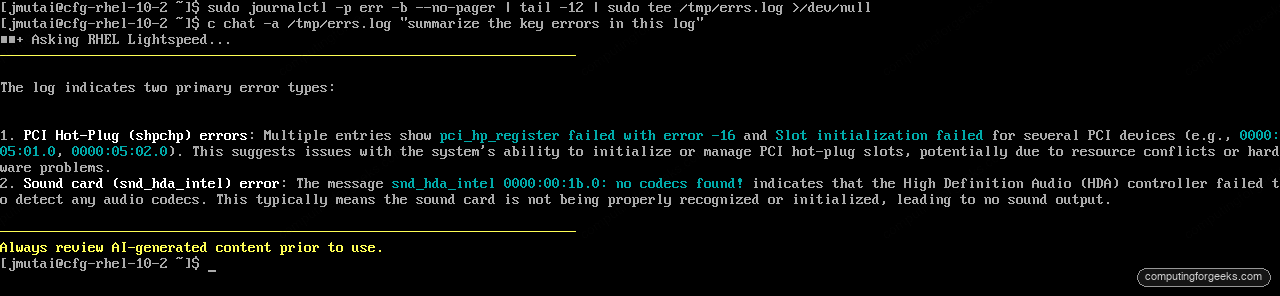 RHEL command-line assistant c chat -a summarizing PCI hotplug and audio errors from the journal
