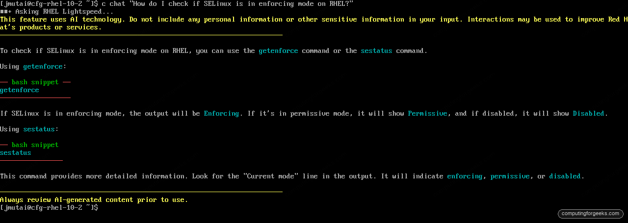 RHEL command-line AI assistant c chat answering how to check SELinux enforcing mode with color-coded output