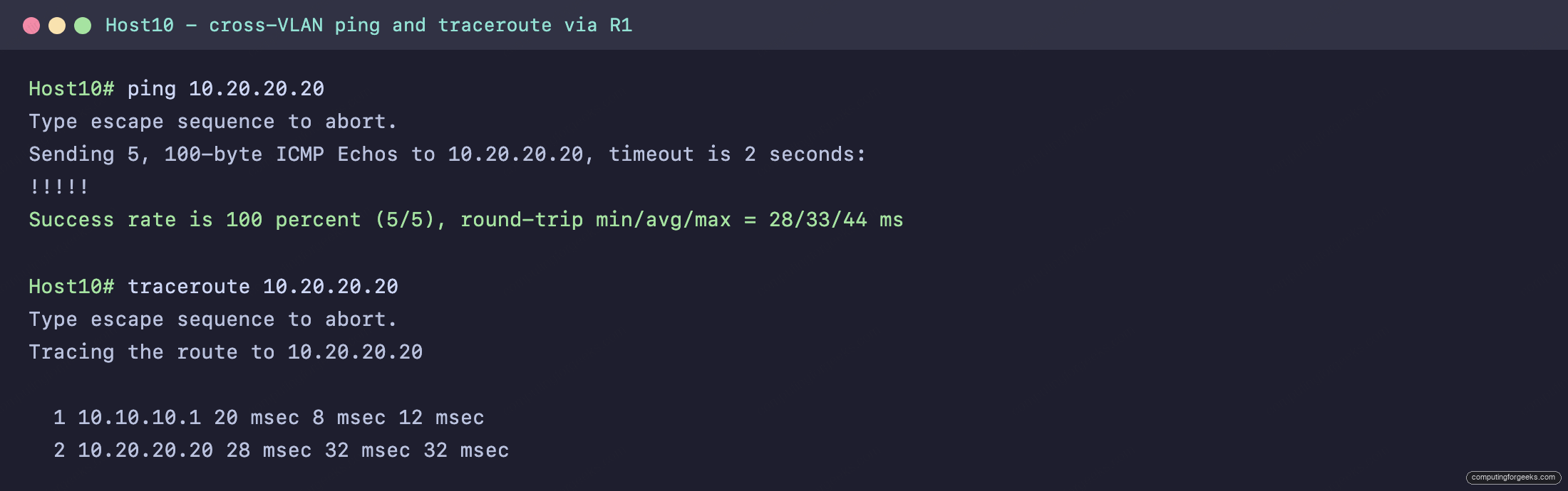 Host10 cross-VLAN ping success and traceroute showing the router subinterface as the first hop