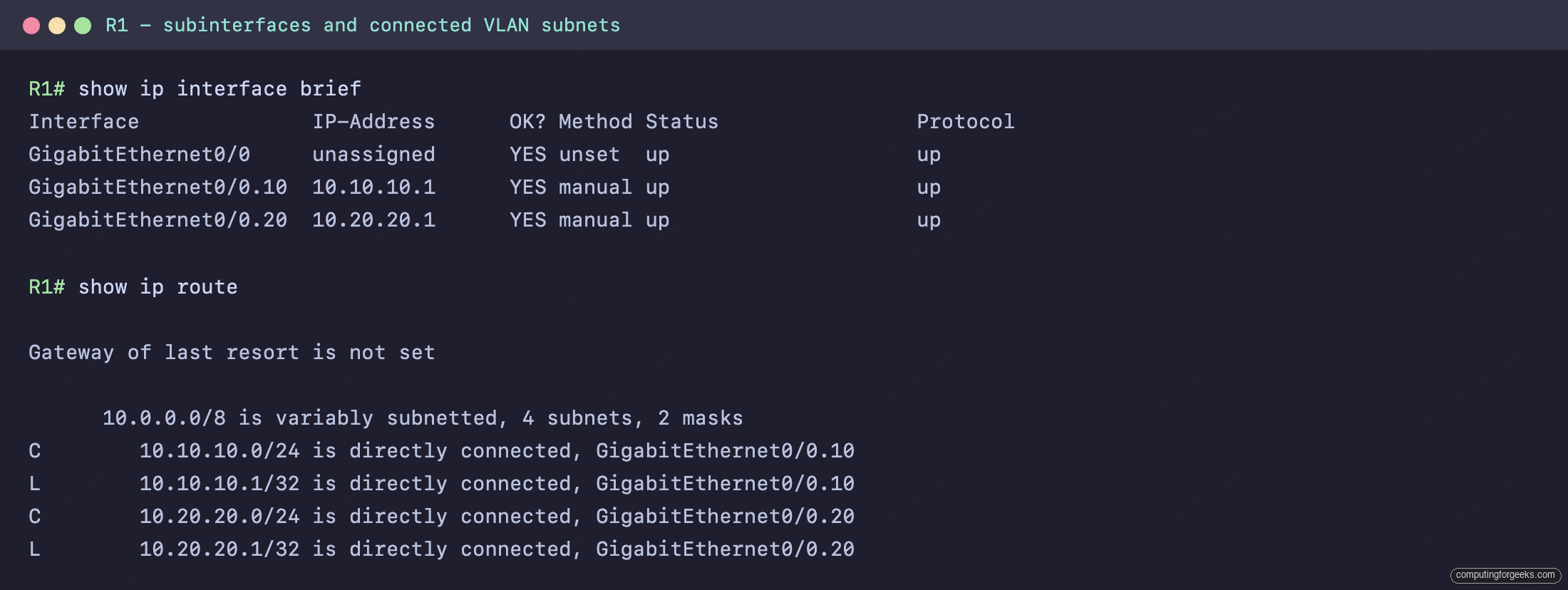 R1 show ip interface brief with dot1Q subinterfaces and show ip route with connected VLAN subnets
