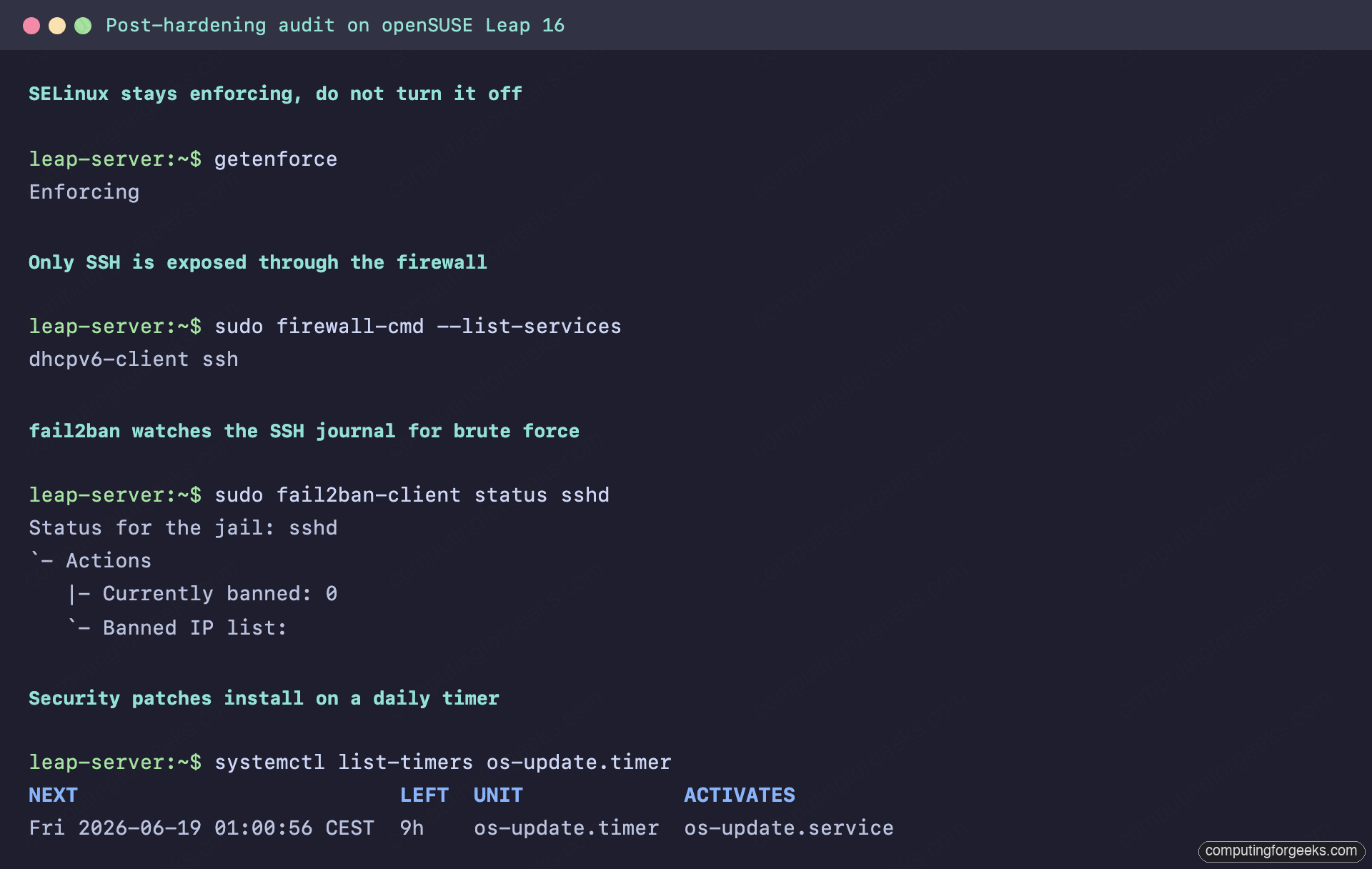 SELinux enforcing, firewalld services, fail2ban sshd jail and os-update timer on openSUSE Leap 16