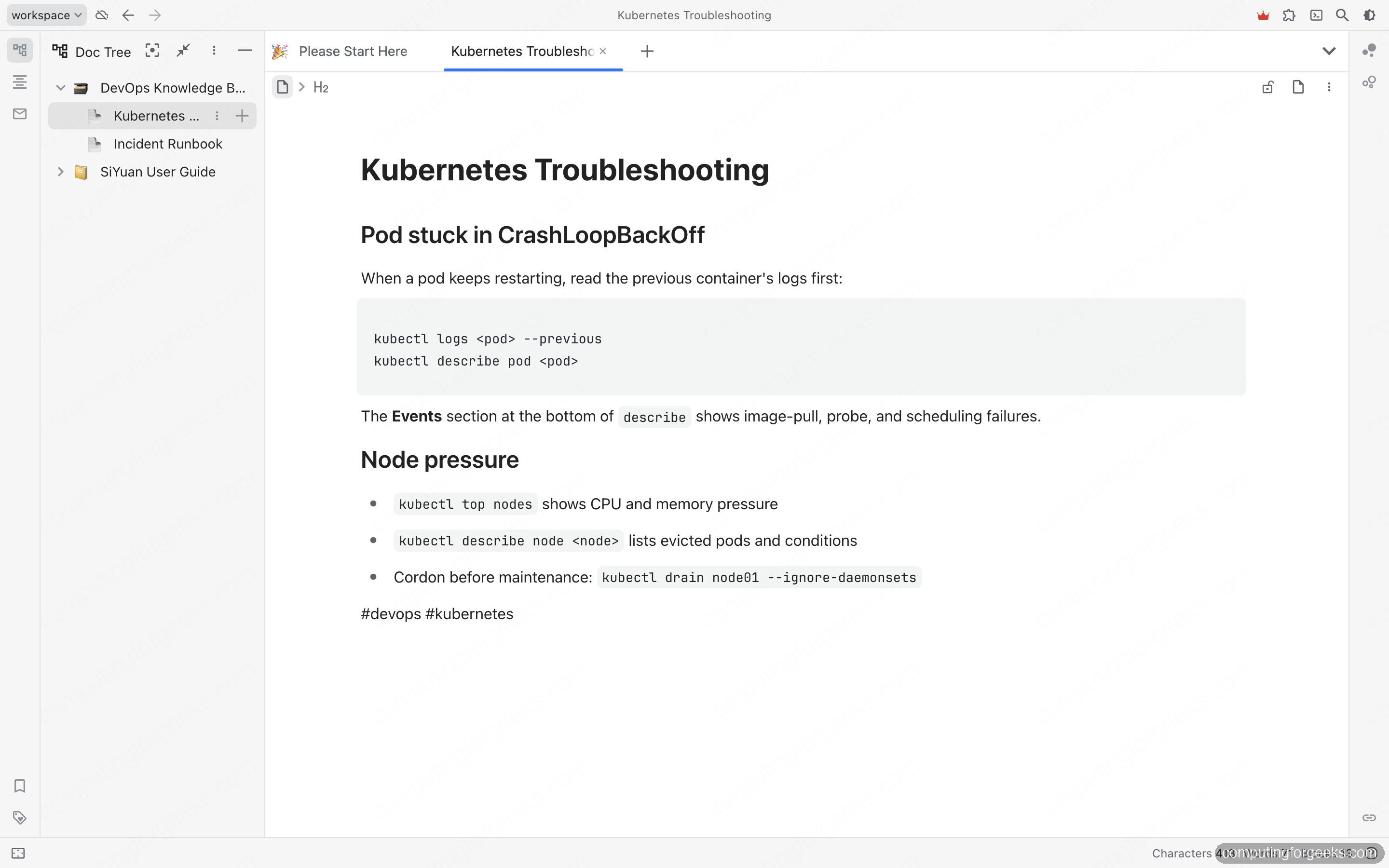 SiYuan block-based Markdown editor showing a Kubernetes troubleshooting note