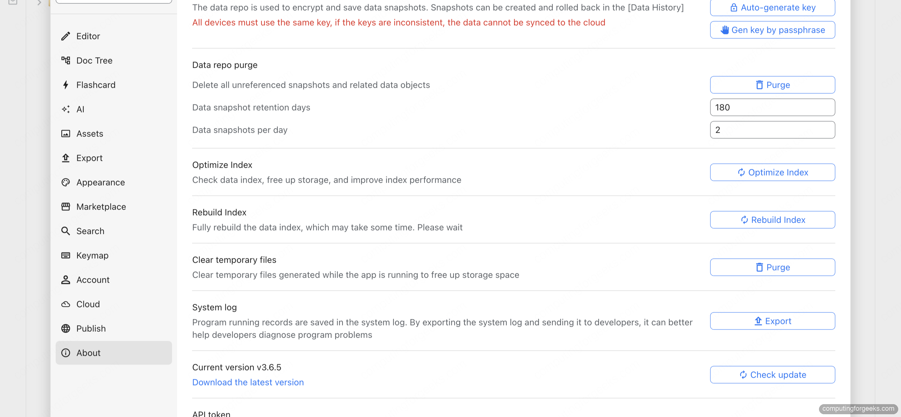 SiYuan settings About page with data history, index, and version 3.6.5