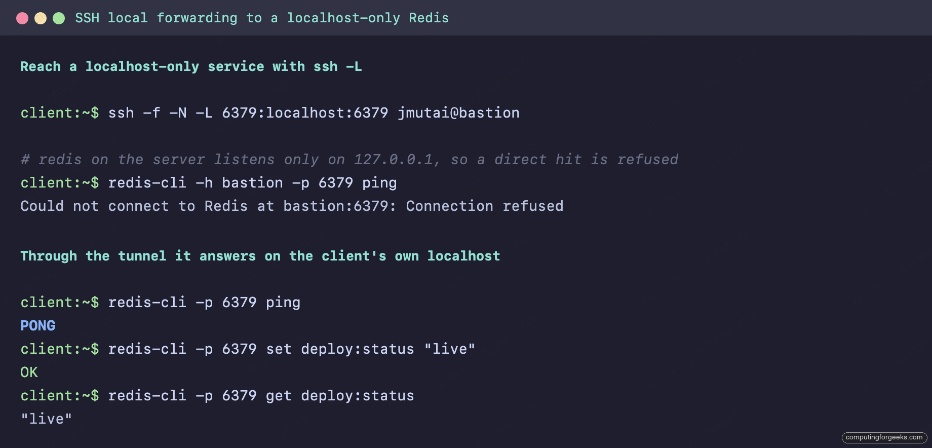 SSH local port forwarding with ssh -L reaching a localhost-only Redis on Linux