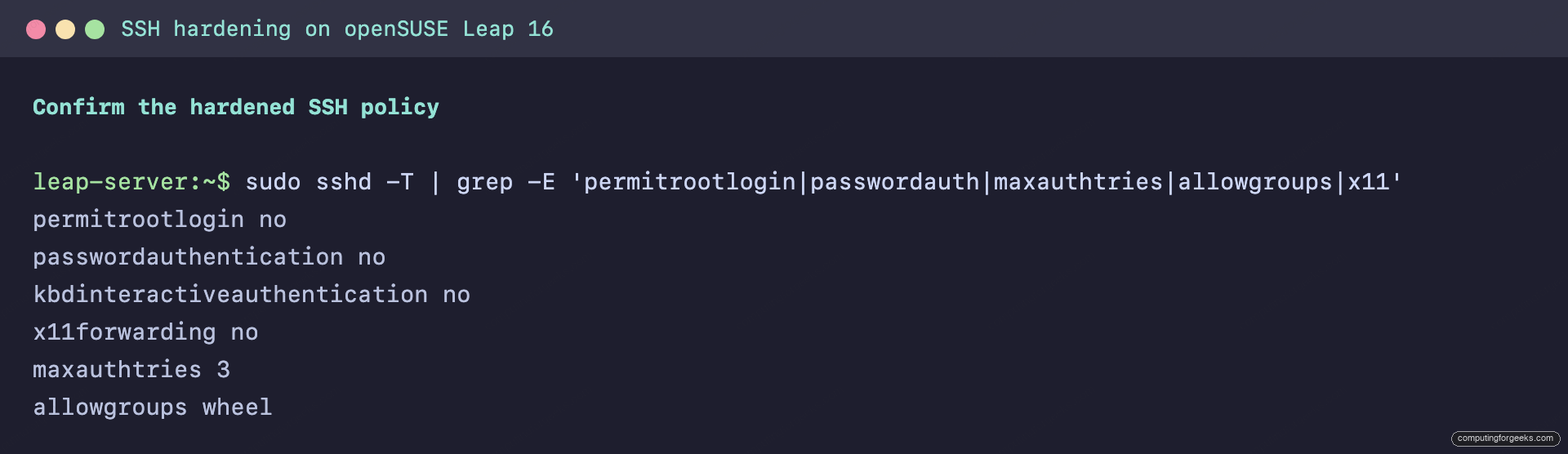 sshd -T showing PermitRootLogin no and PasswordAuthentication no on openSUSE Leap 16