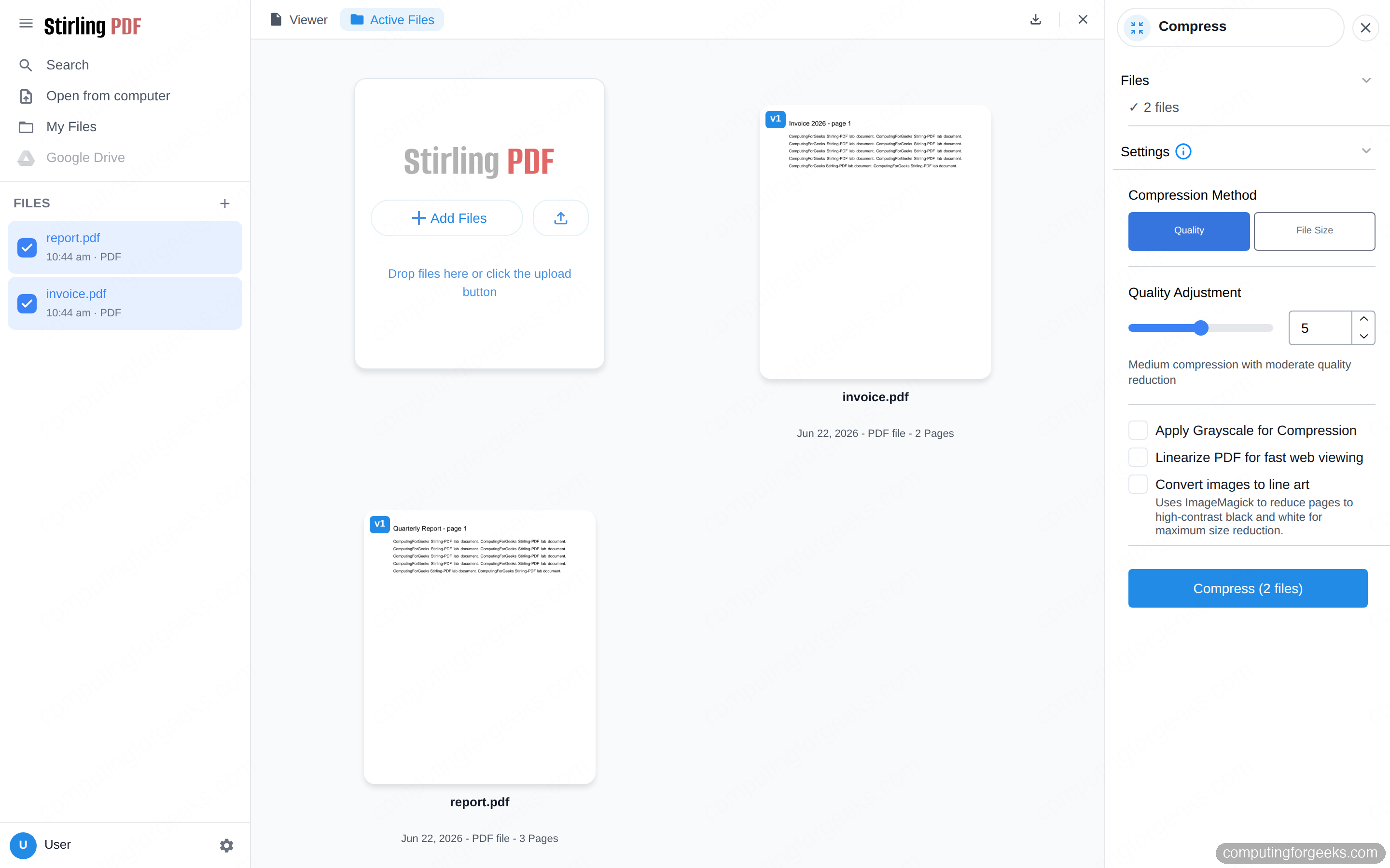 Install and Self-Host Stirling-PDF with Docker 6 Compressing a PDF with Stirling-PDF quality settings