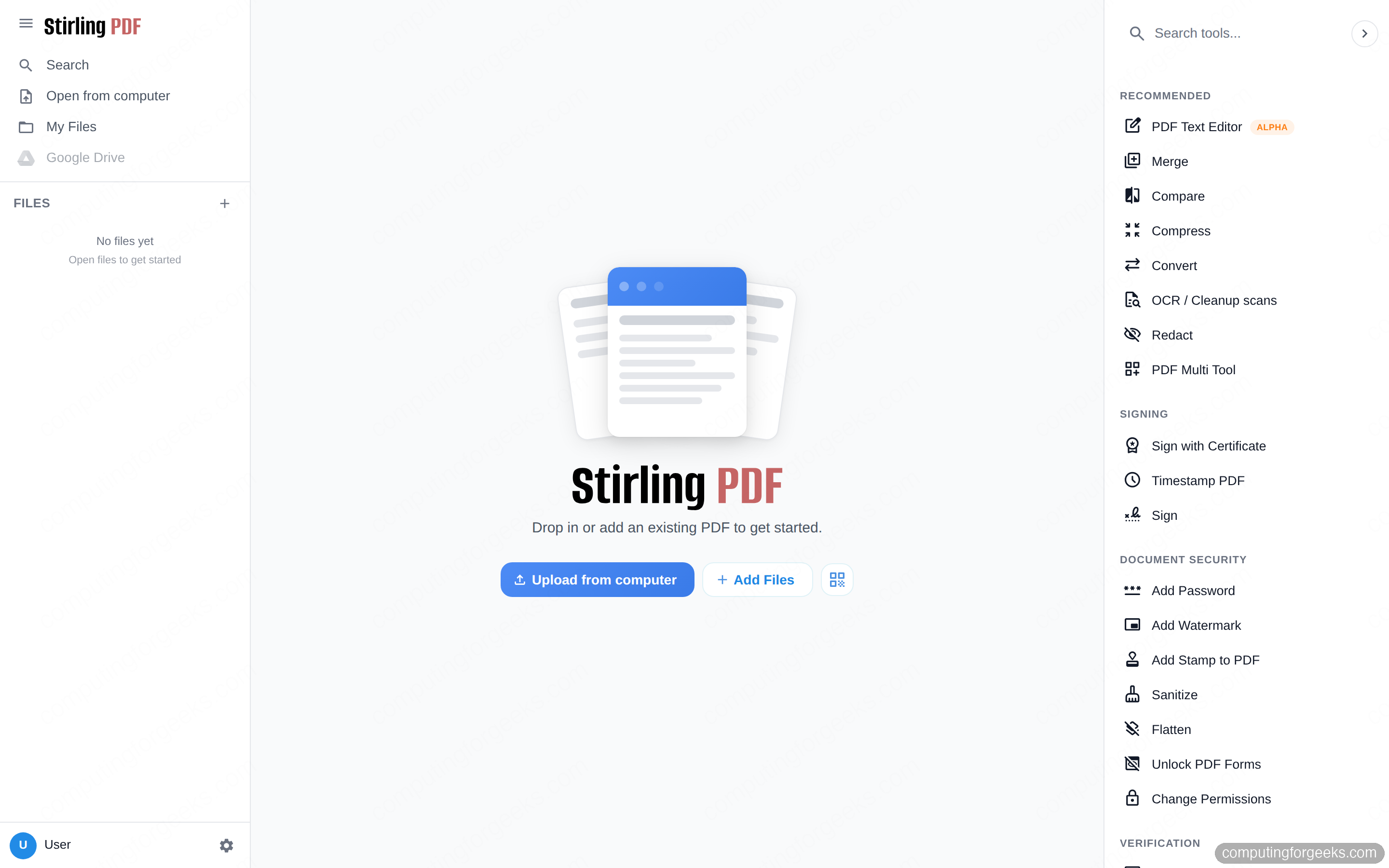 Install and Self-Host Stirling-PDF with Docker 2 Stirling-PDF dashboard showing 50+ PDF tools in the browser