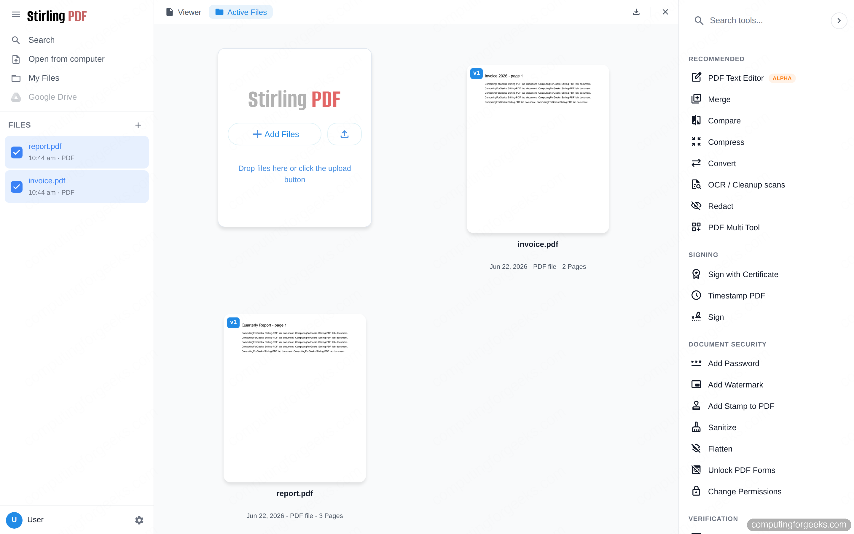 Install and Self-Host Stirling-PDF with Docker 4 Two PDFs uploaded to the Stirling-PDF workspace