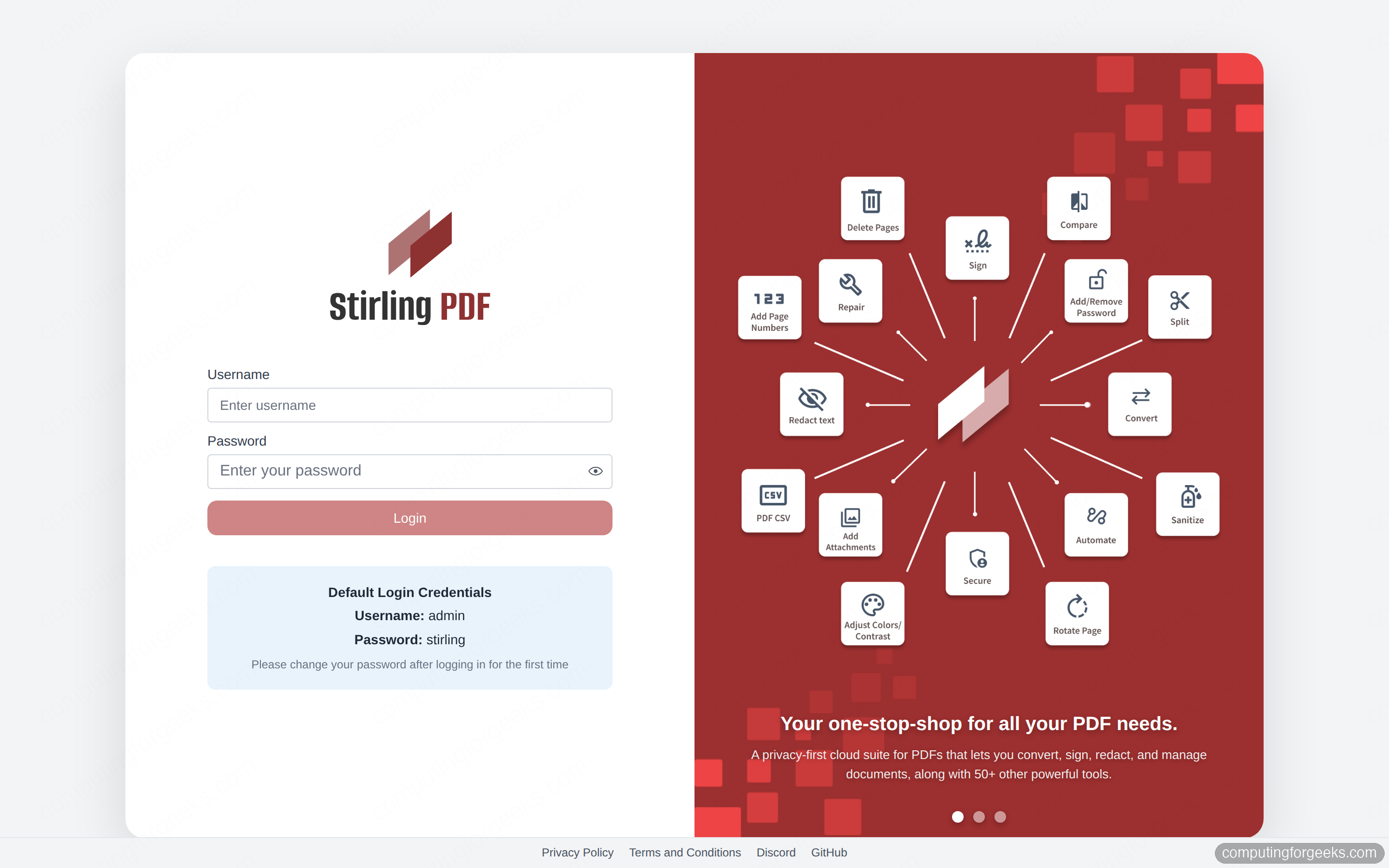 Install and Self-Host Stirling-PDF with Docker 3 Stirling-PDF login page with default admin credentials