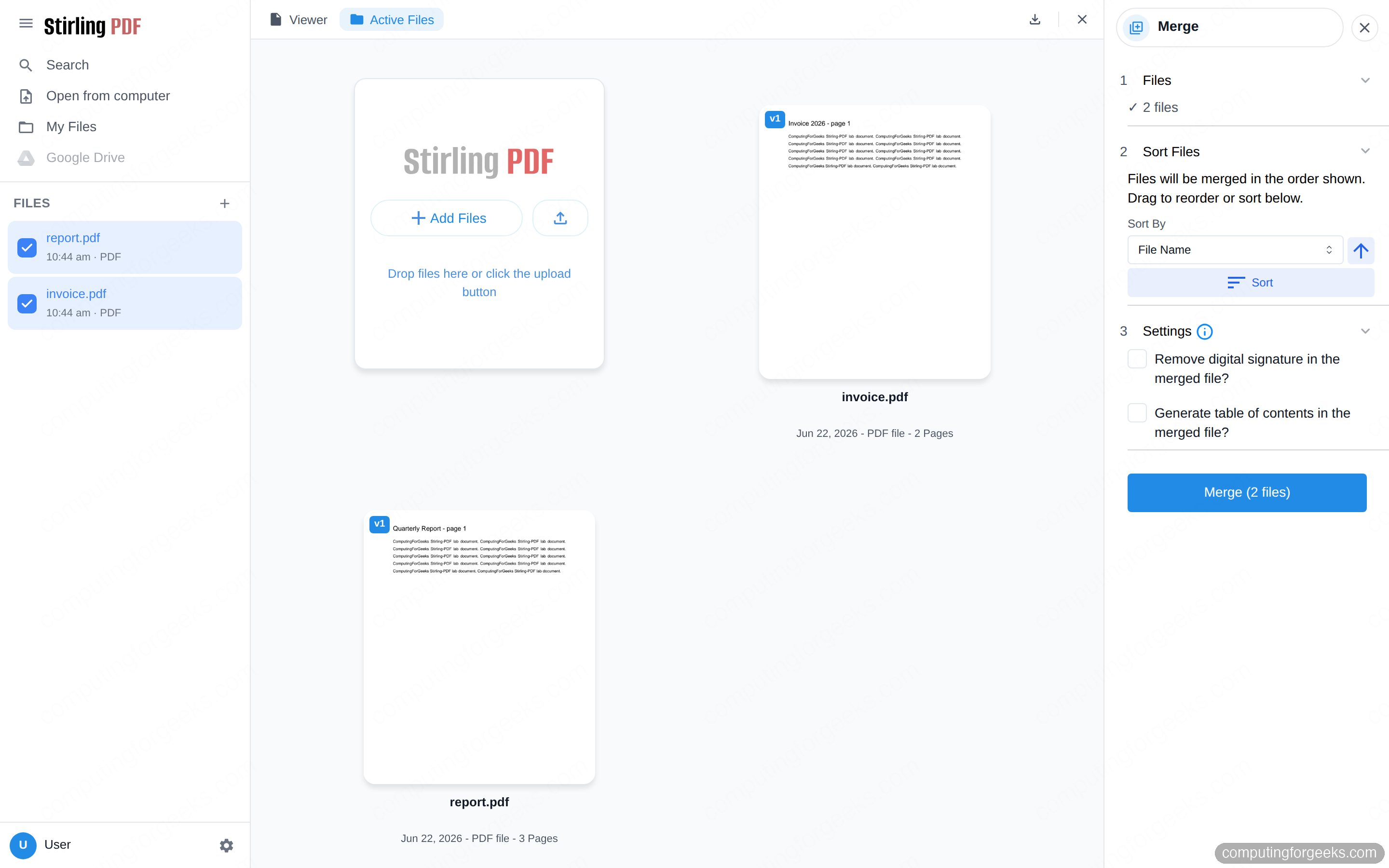 Install and Self-Host Stirling-PDF with Docker 5 Merging two PDFs in Stirling-PDF