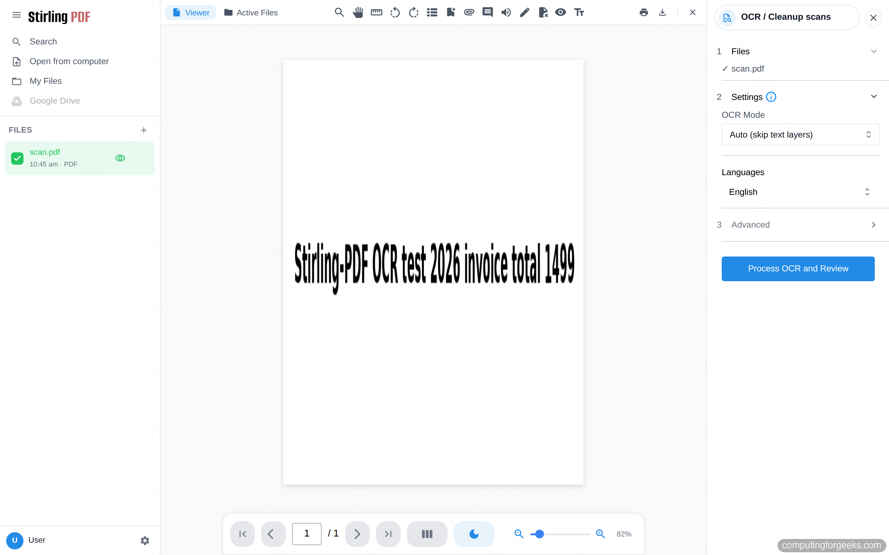 Install and Self-Host Stirling-PDF with Docker 7 Running OCR on a scanned PDF in Stirling-PDF