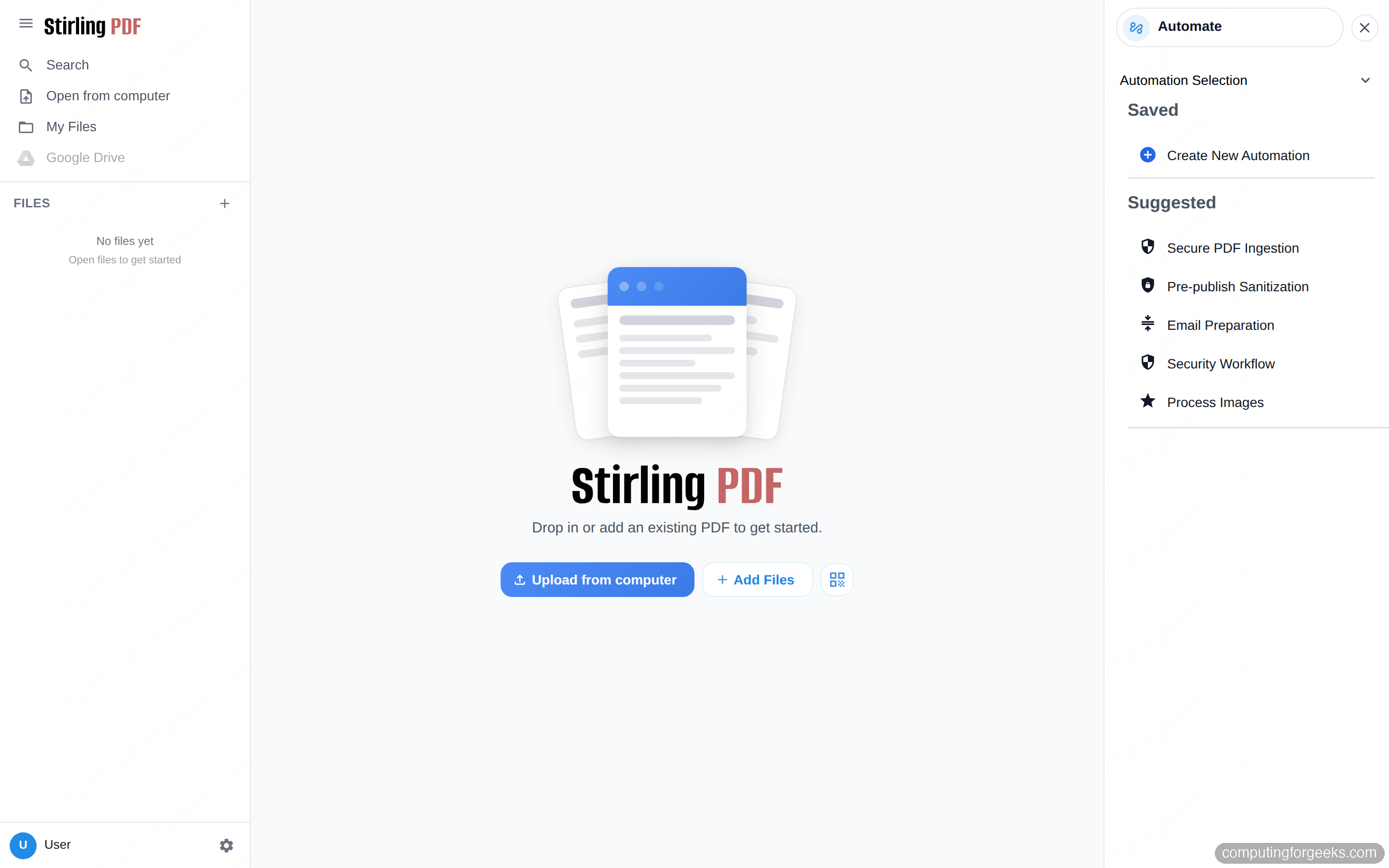 Install and Self-Host Stirling-PDF with Docker 8 Stirling-PDF Automate pipeline with suggested workflows