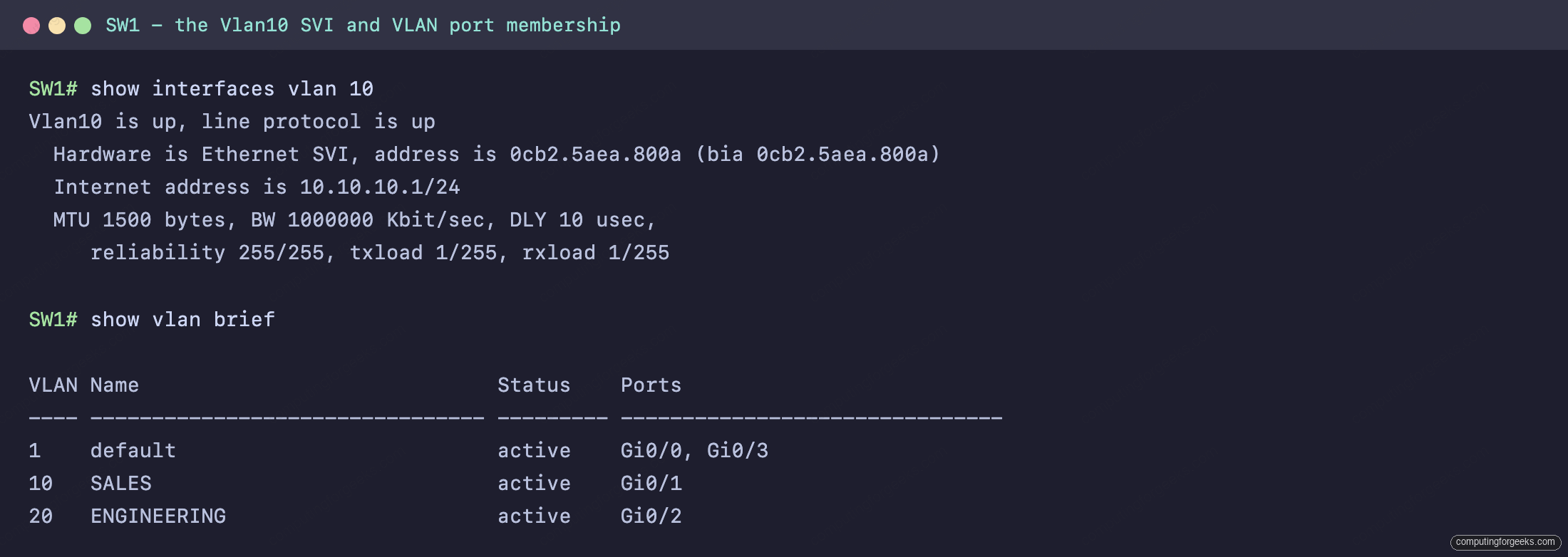 SW1 show interfaces vlan 10 SVI up as Ethernet SVI with its IP, and show vlan brief with access ports