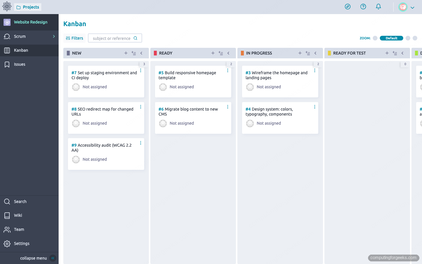 Install Taiga Project Management on Ubuntu 24.04 4 Taiga Kanban board with user story cards across workflow columns on Ubuntu 24.04