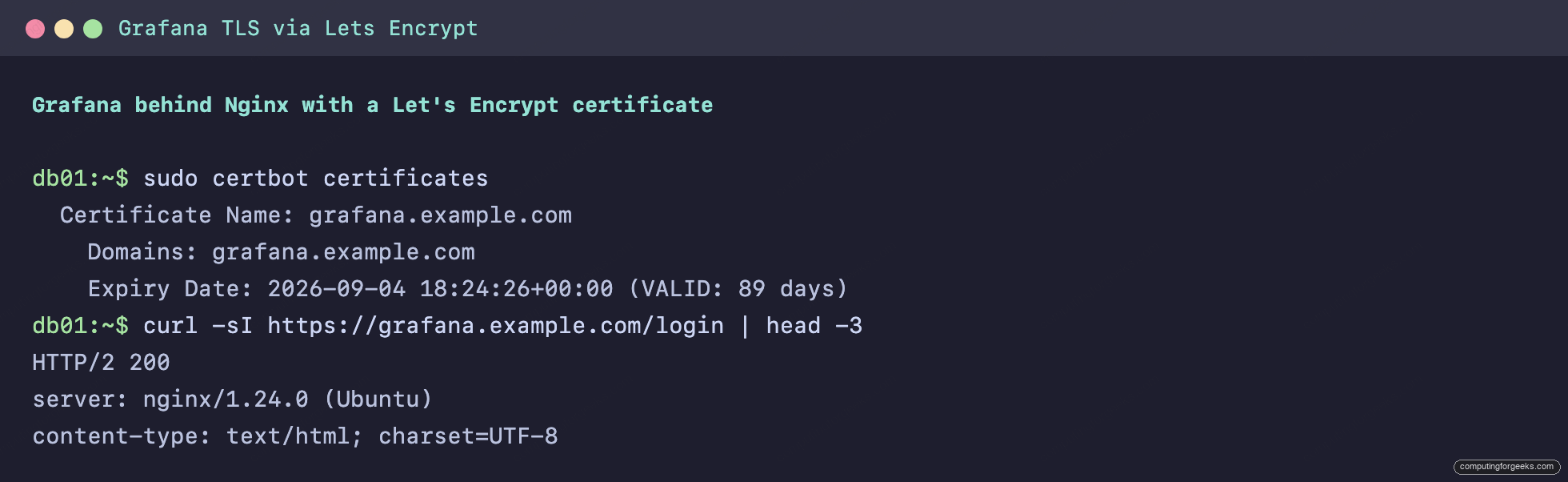 Monitoring MySQL and MongoDB with Prometheus and Grafana 7 Terminal showing Grafana served over HTTPS with a valid Lets Encrypt certificate