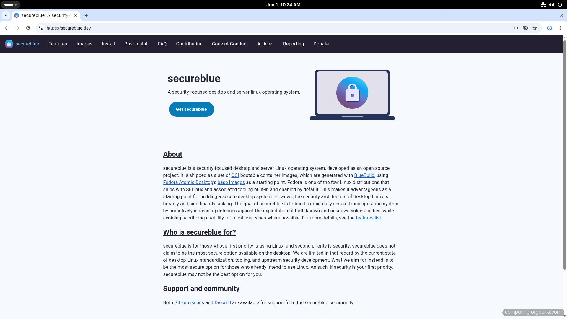 Trivalent hardened Chromium browser running on Fedora showing the secureblue website over HTTPS