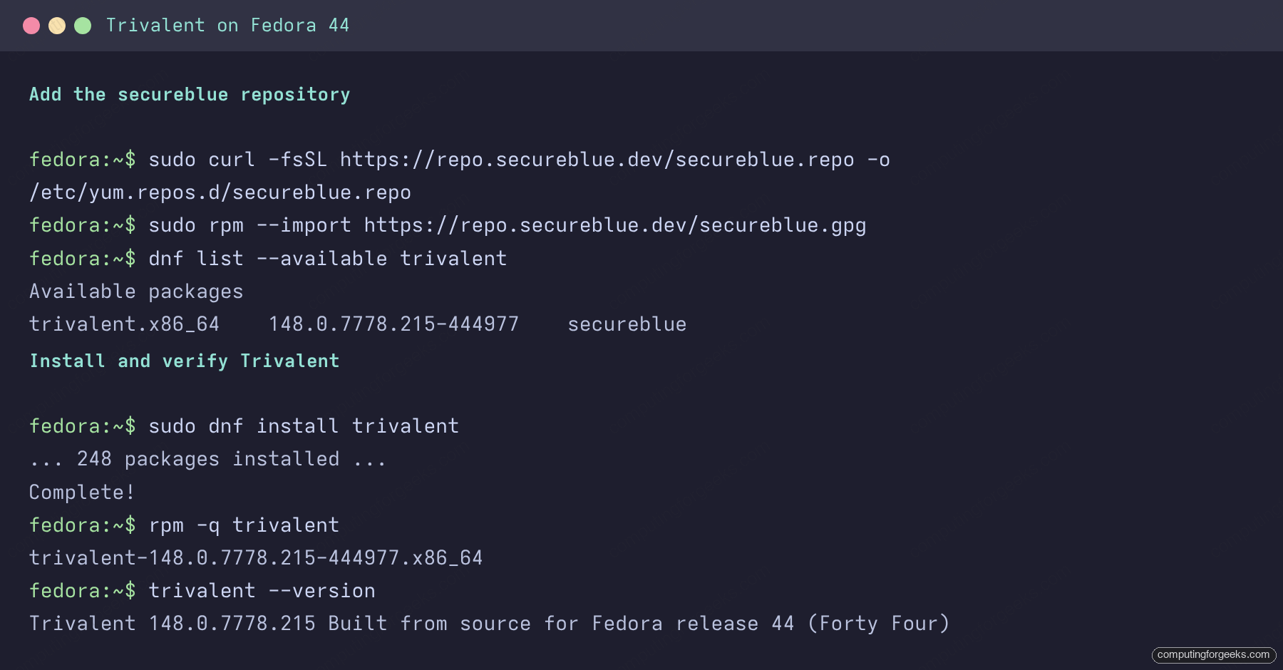 Trivalent 148 install and version check in a Fedora 44 terminal