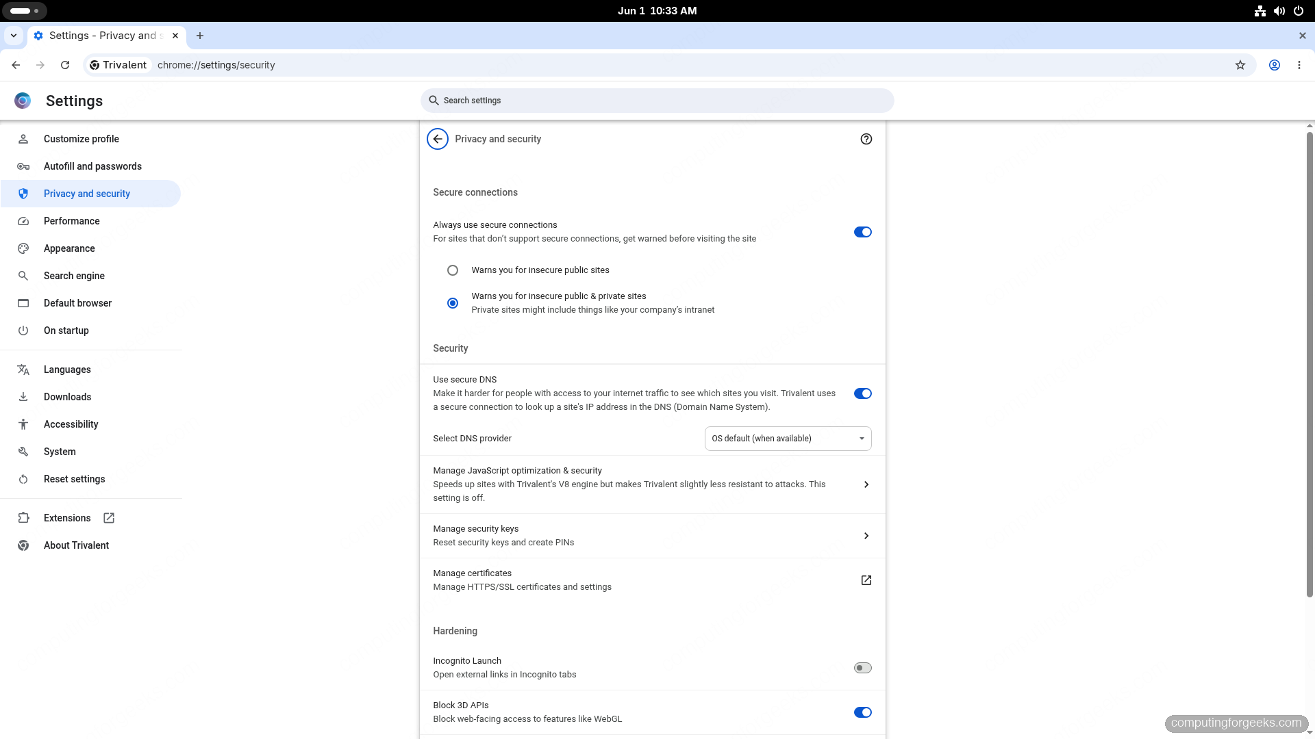 Trivalent chrome settings security Hardening section with Block 3D APIs enabled on Fedora