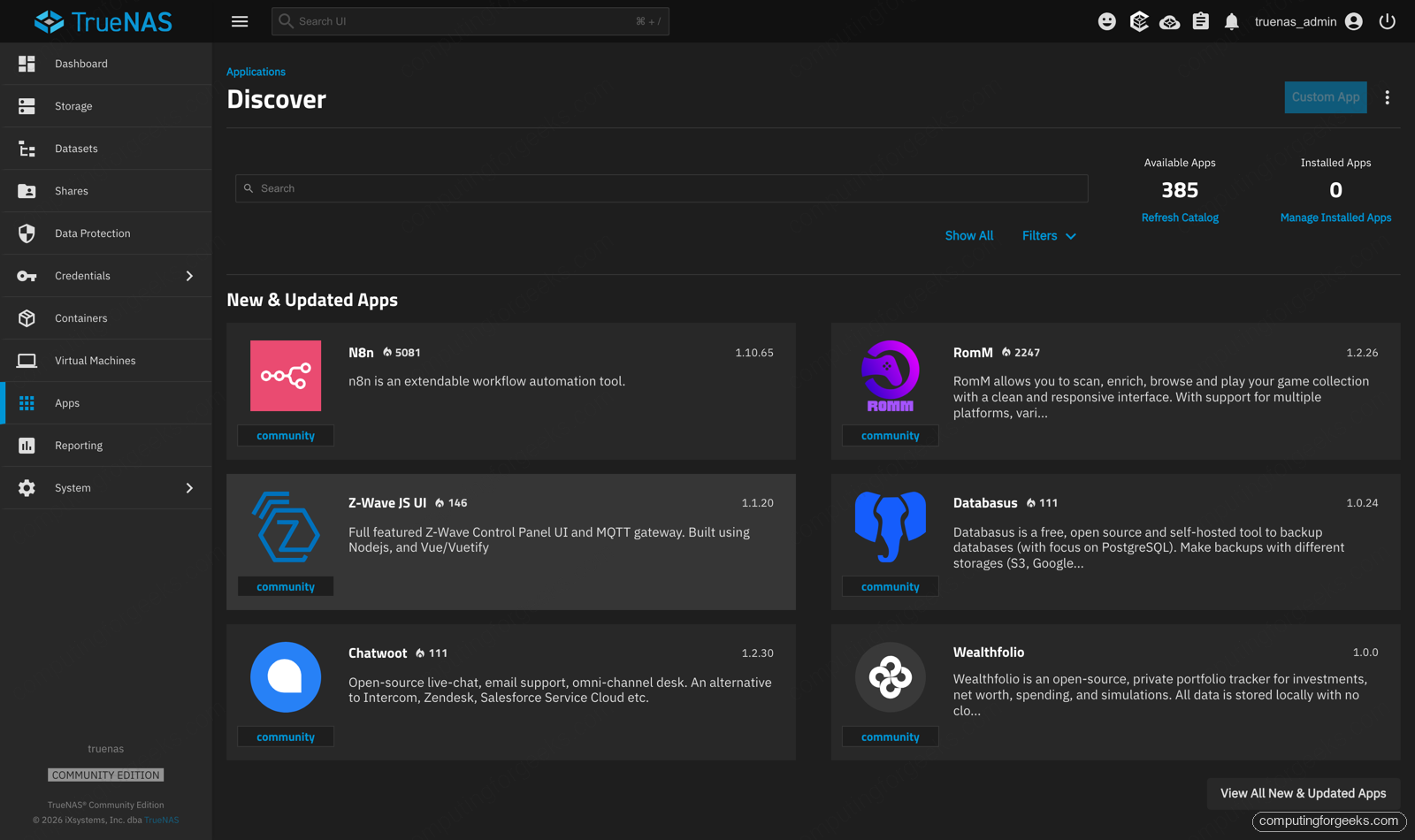 Build a DIY NAS with TrueNAS or Unraid on a Mini PC 11 TrueNAS Discover apps catalog showing available self-hosted applications