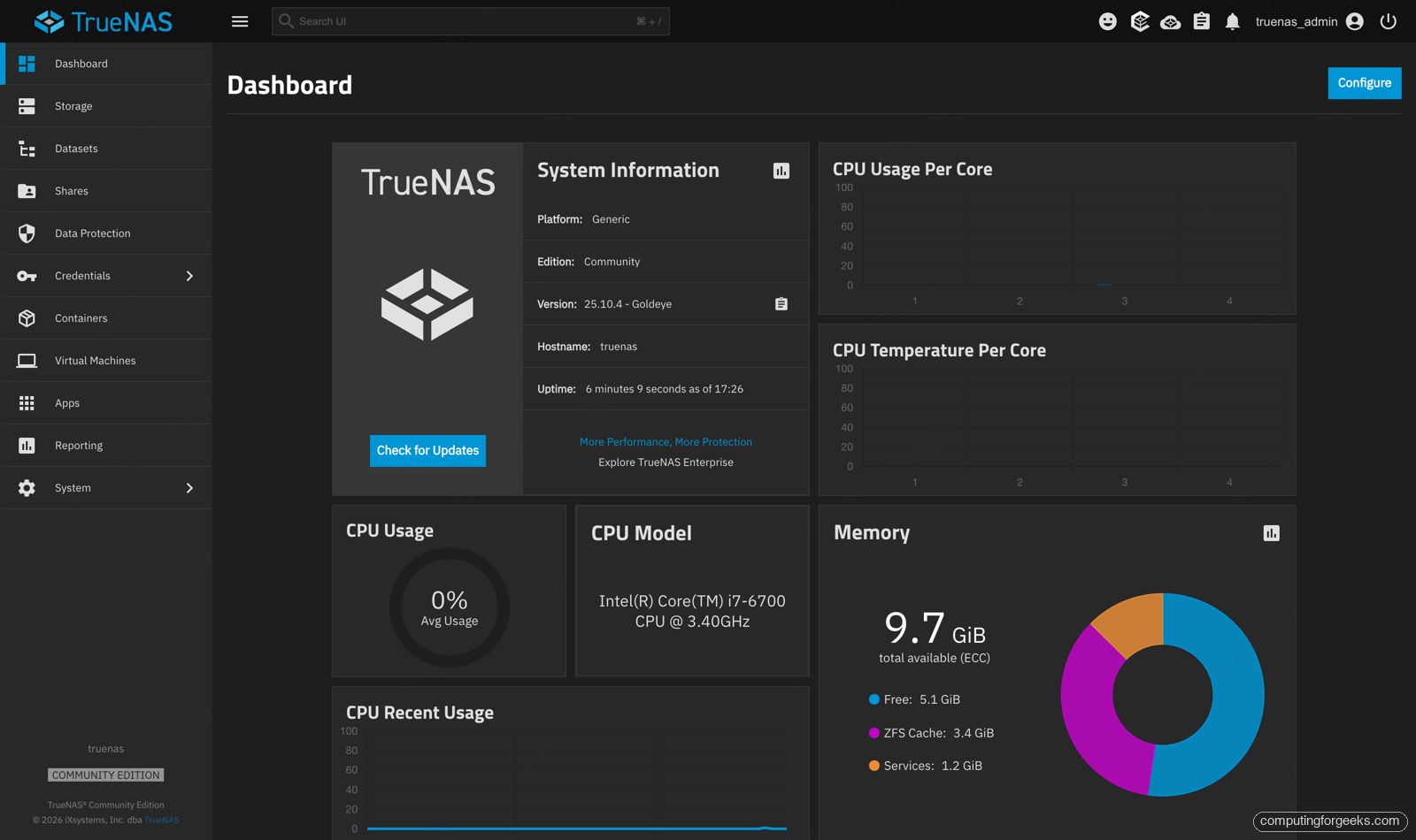 Build a DIY NAS with TrueNAS or Unraid on a Mini PC 7 TrueNAS Community Edition dashboard showing system information and resource usage