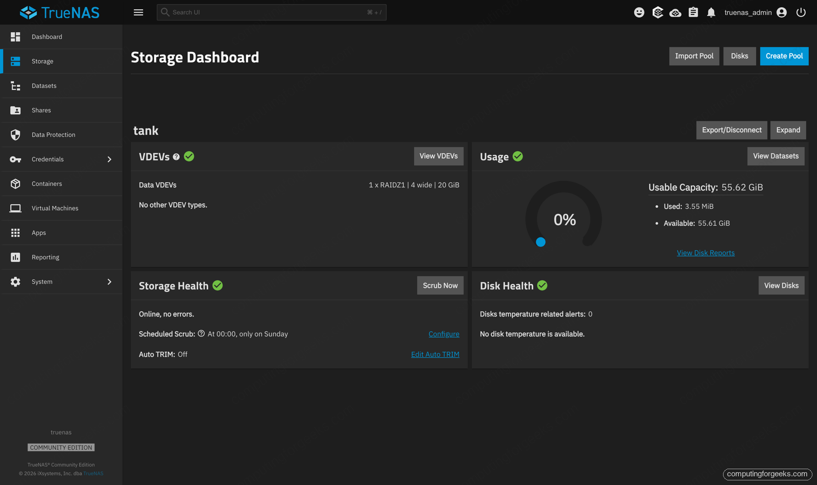 Build a DIY NAS with TrueNAS or Unraid on a Mini PC 8 TrueNAS storage dashboard showing a healthy four-disk RAIDZ1 pool named tank