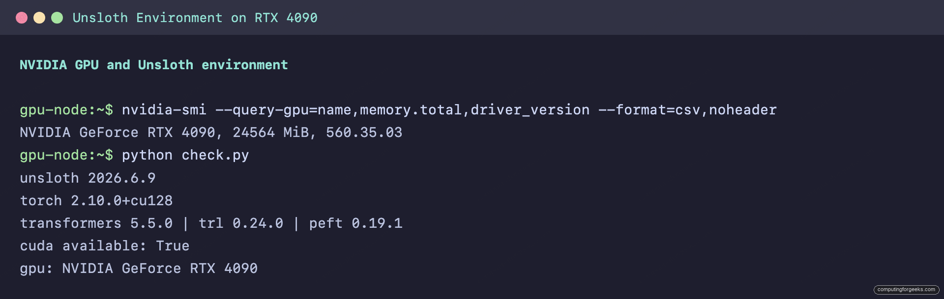 Fine-Tune an LLM with Unsloth: QLoRA on a Single GPU 1 Unsloth and PyTorch versions with RTX 4090 detected