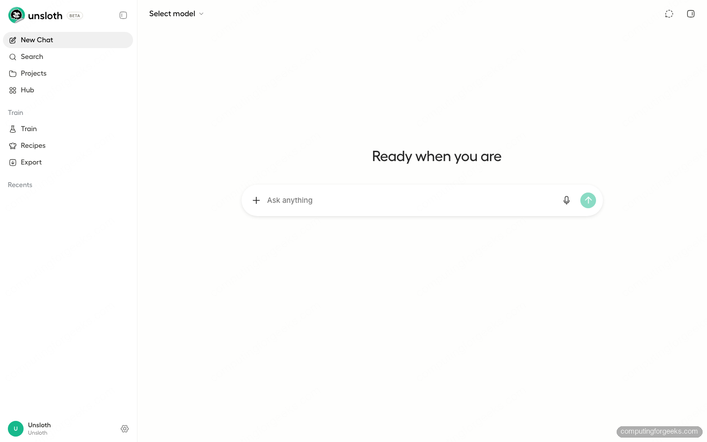 Install and Use Unsloth Studio for No-Code LLM Fine-Tuning 1 Unsloth Studio web UI chat home screen