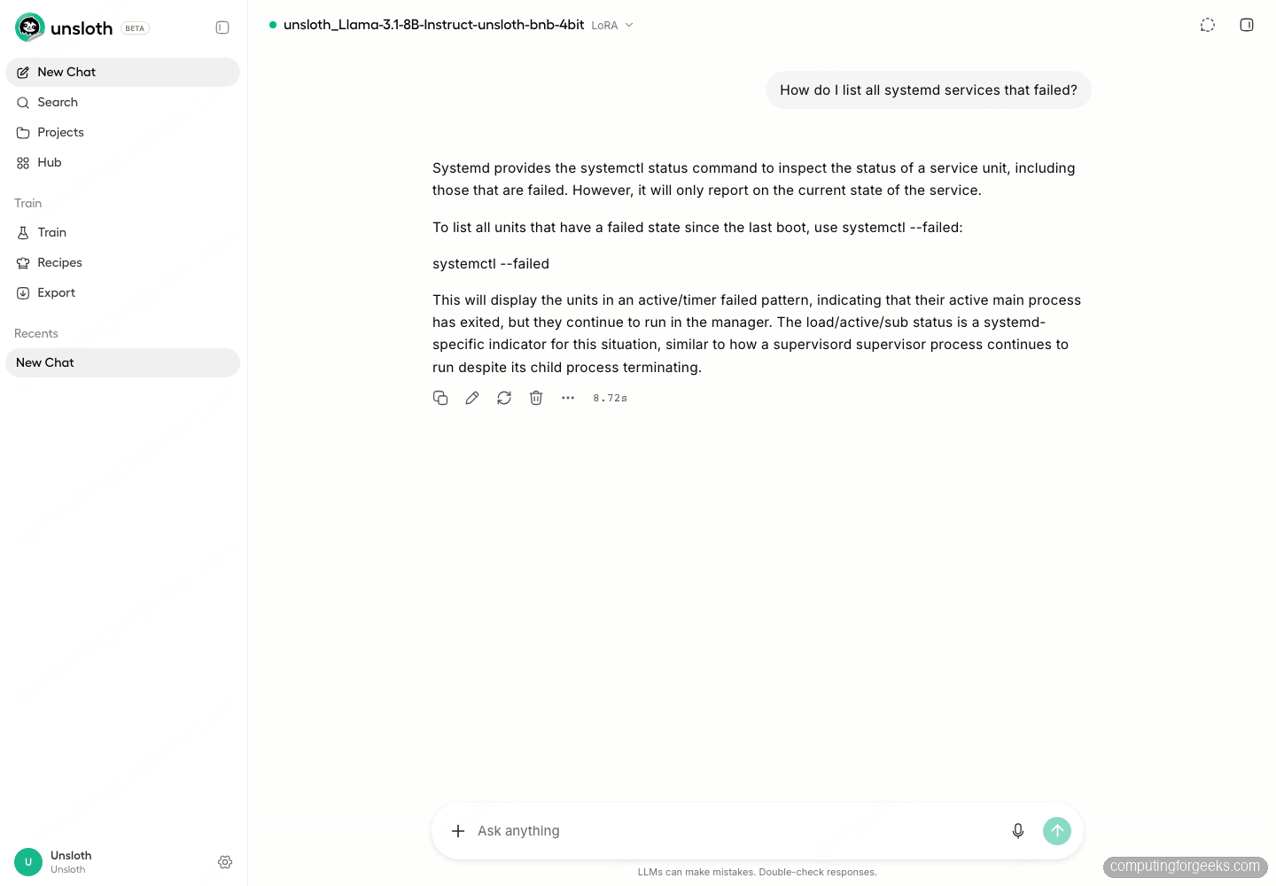 Install and Use Unsloth Studio for No-Code LLM Fine-Tuning 4 Unsloth Studio chat testing the fine-tuned Llama model answering a DevOps question