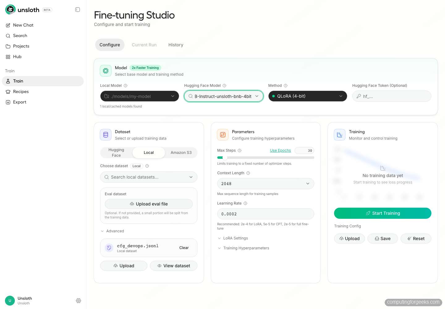 Install and Use Unsloth Studio for No-Code LLM Fine-Tuning 2 Unsloth Studio fine-tuning page with model dataset and QLoRA parameters