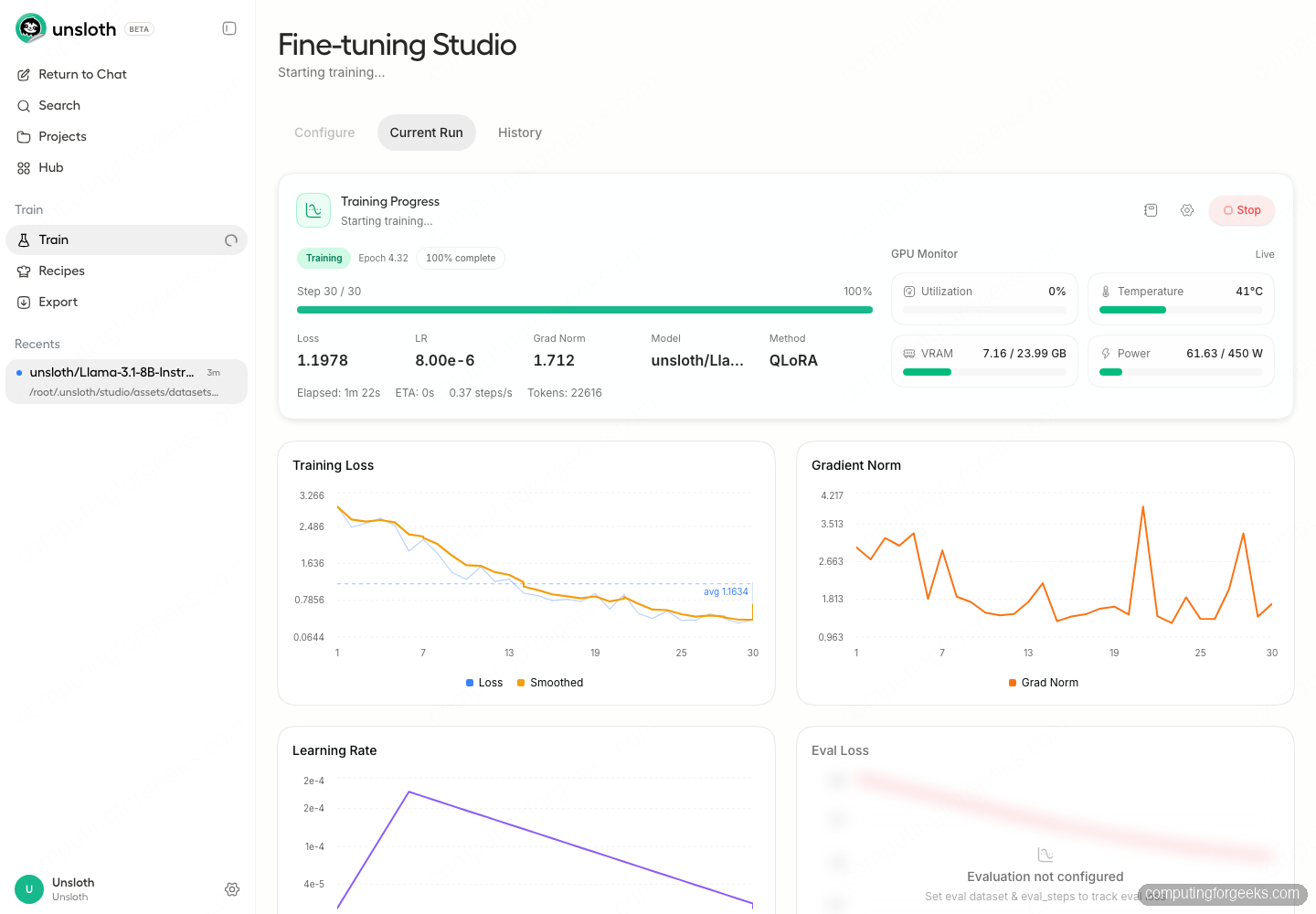 Install and Use Unsloth Studio for No-Code LLM Fine-Tuning 3 Unsloth Studio live training monitor showing loss curve and GPU stats