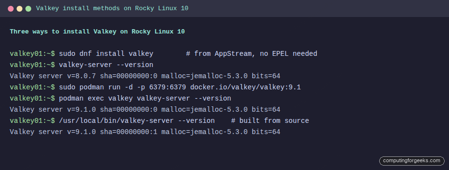 dnf, podman and source-built Valkey versions on Rocky Linux 10