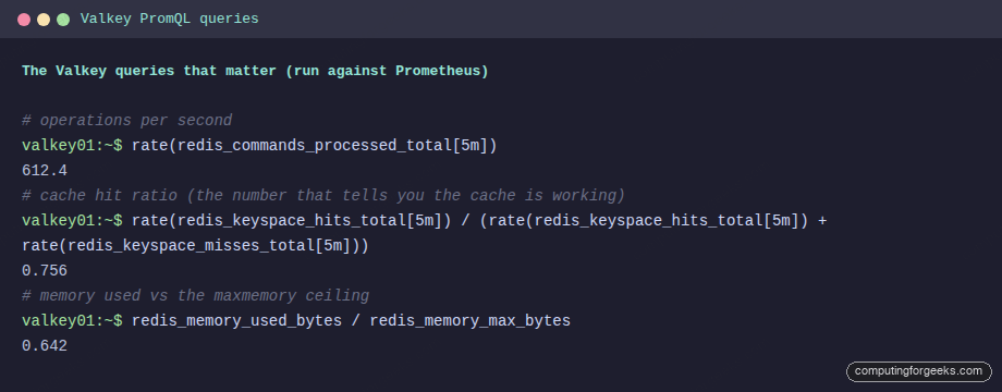 Valkey PromQL queries for ops per second, hit ratio and memory usage