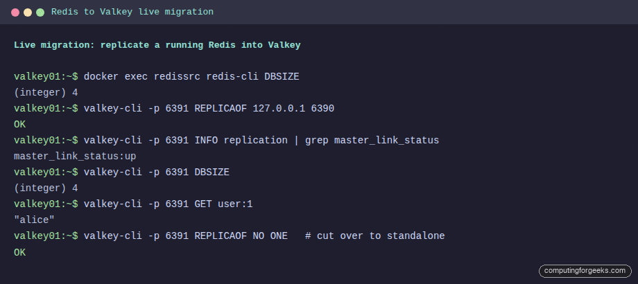 Live Redis to Valkey migration via REPLICAOF preserving all keys