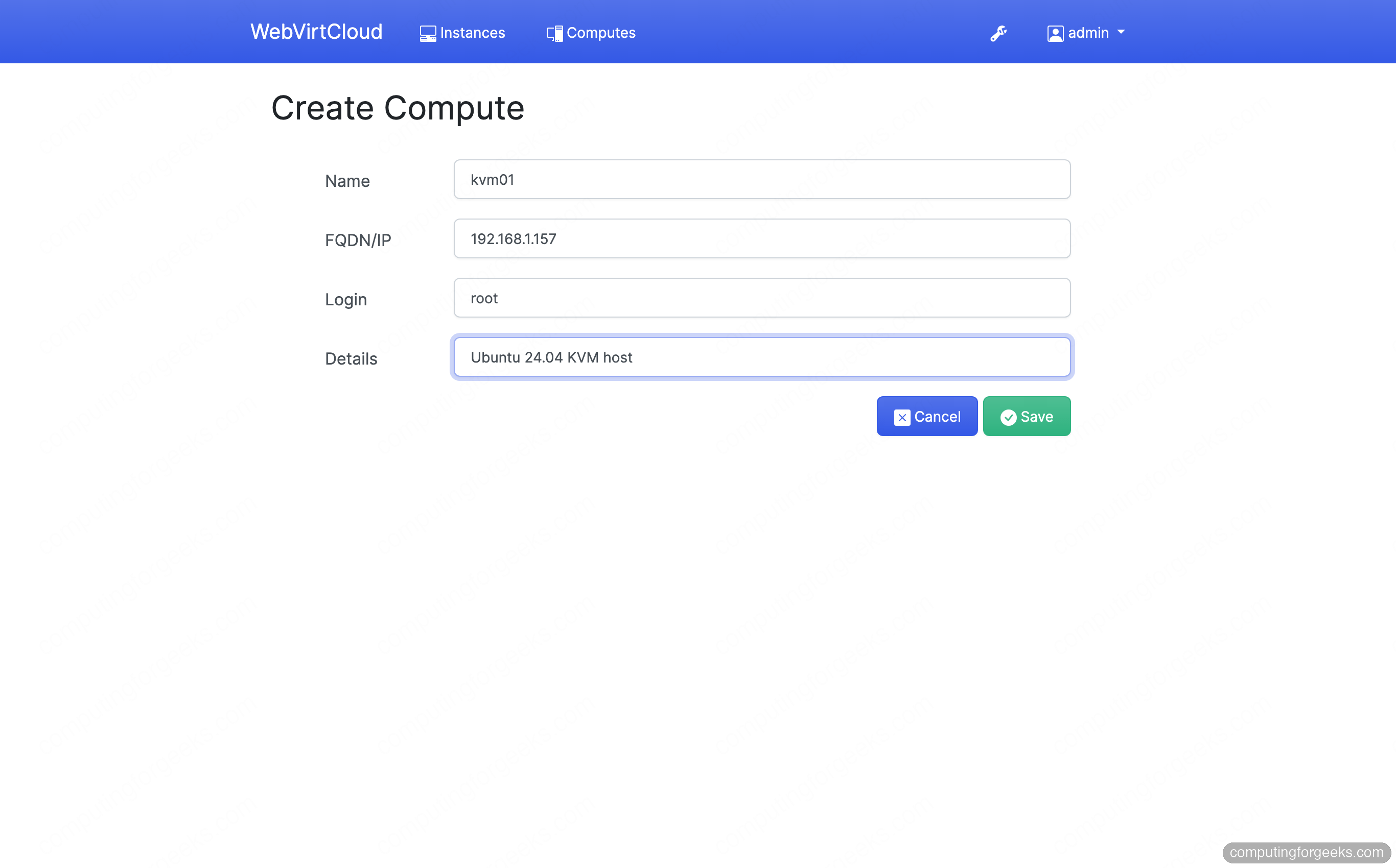 Add a KVM compute host over SSH in WebVirtCloud