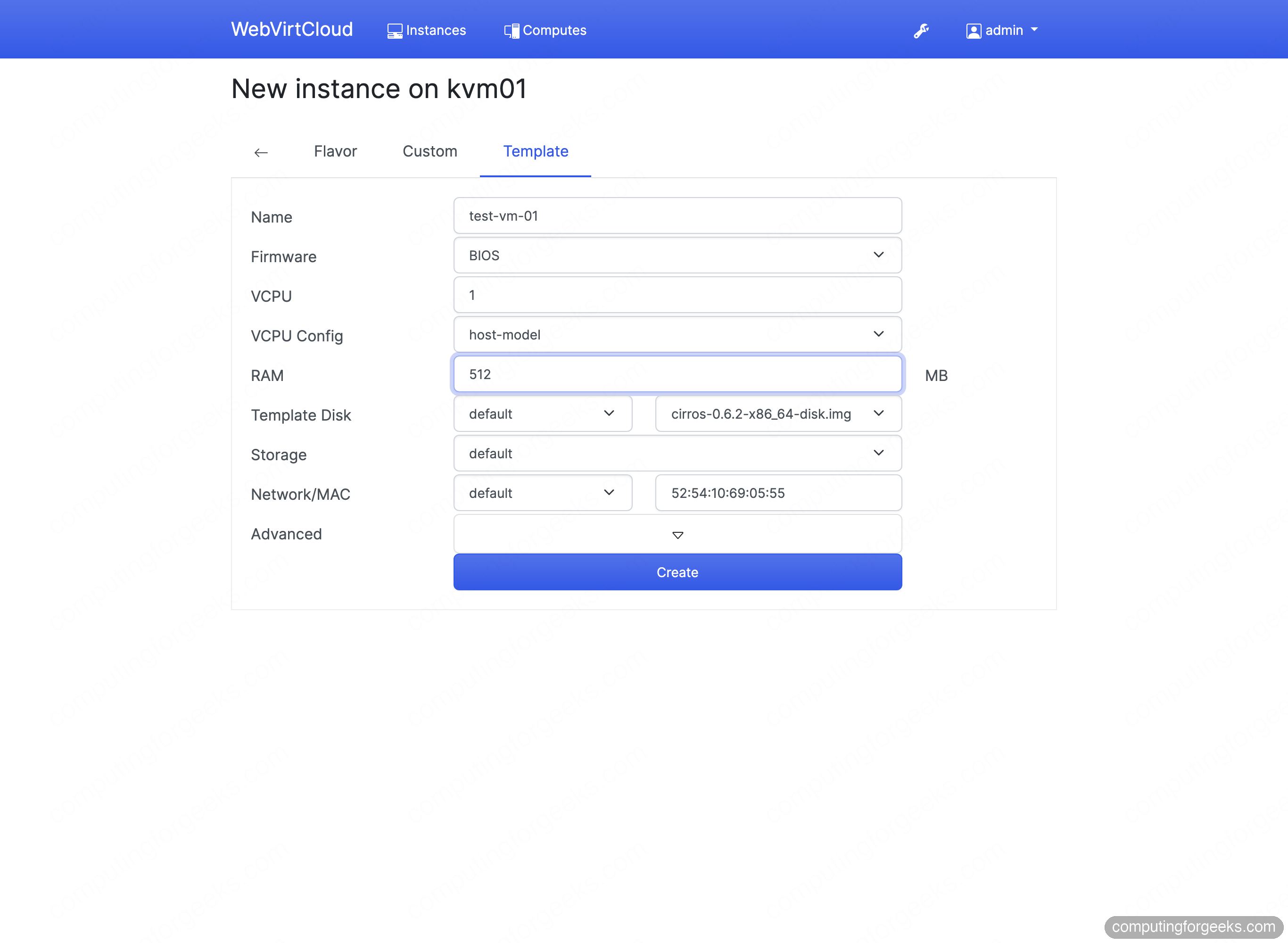 Create a KVM virtual machine from a template image in WebVirtCloud