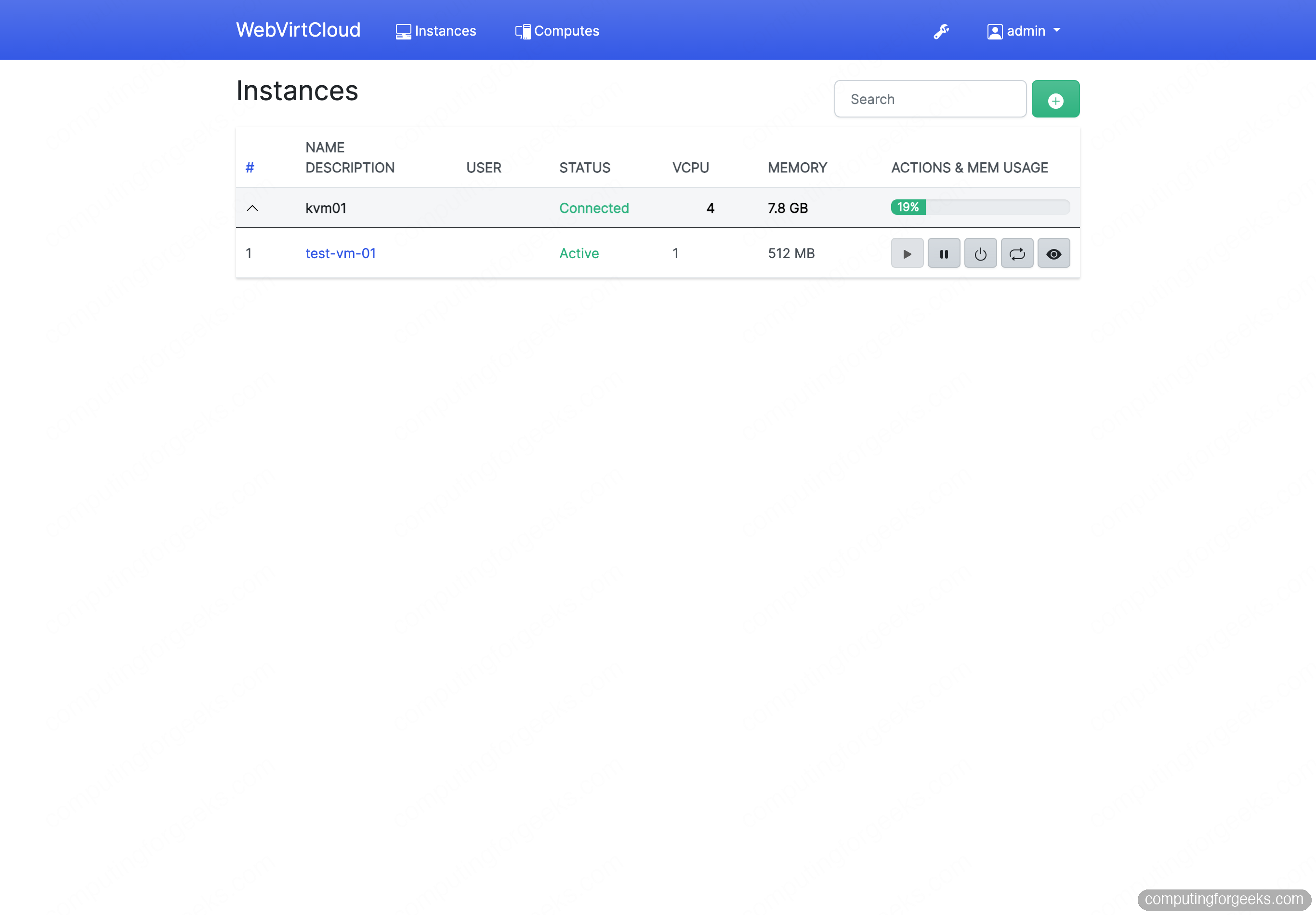 WebVirtCloud instances list with a running KVM VM
