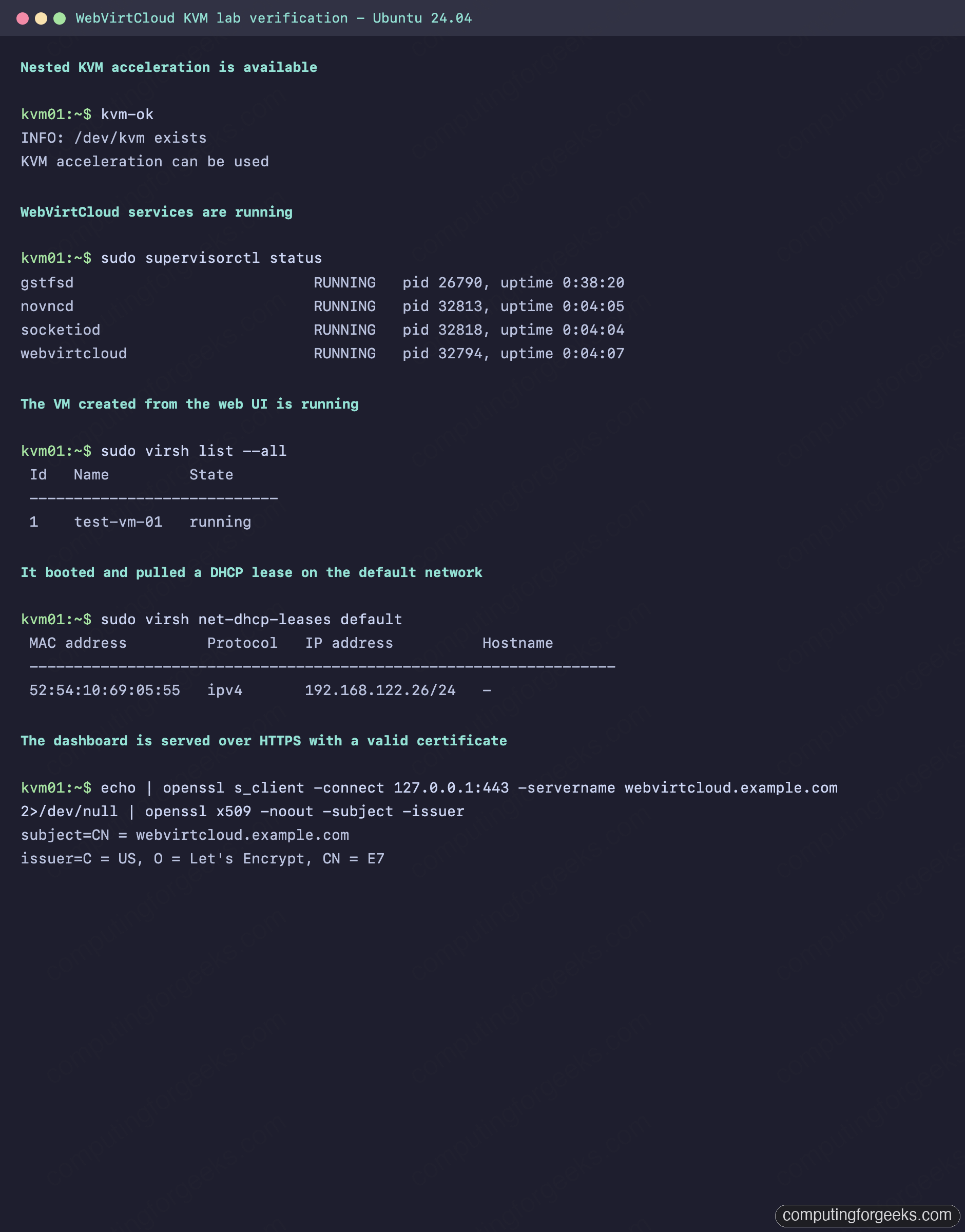 WebVirtCloud KVM lab verification on Ubuntu with nested virtualization