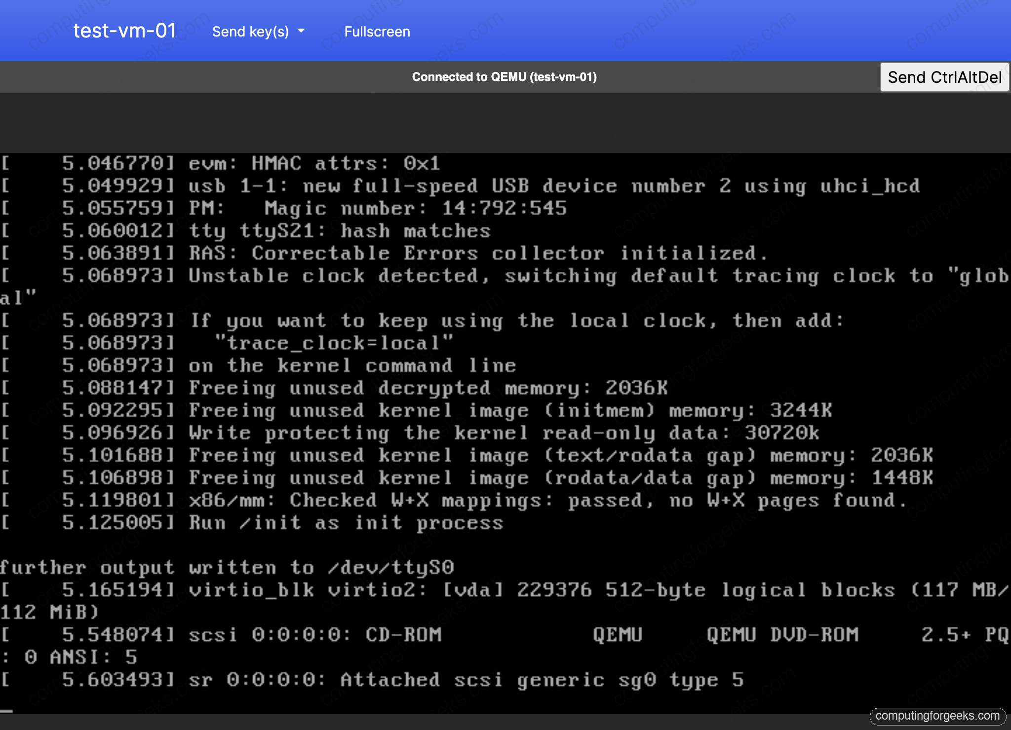 noVNC web console of a running KVM VM in WebVirtCloud