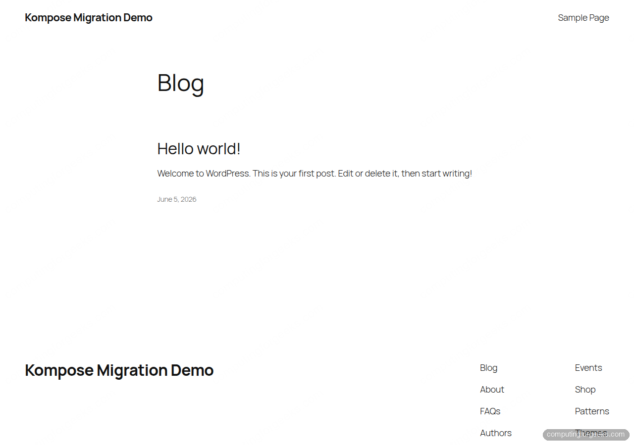 WordPress front page Kompose Migration Demo served from a Kubernetes cluster after converting docker-compose with kompose