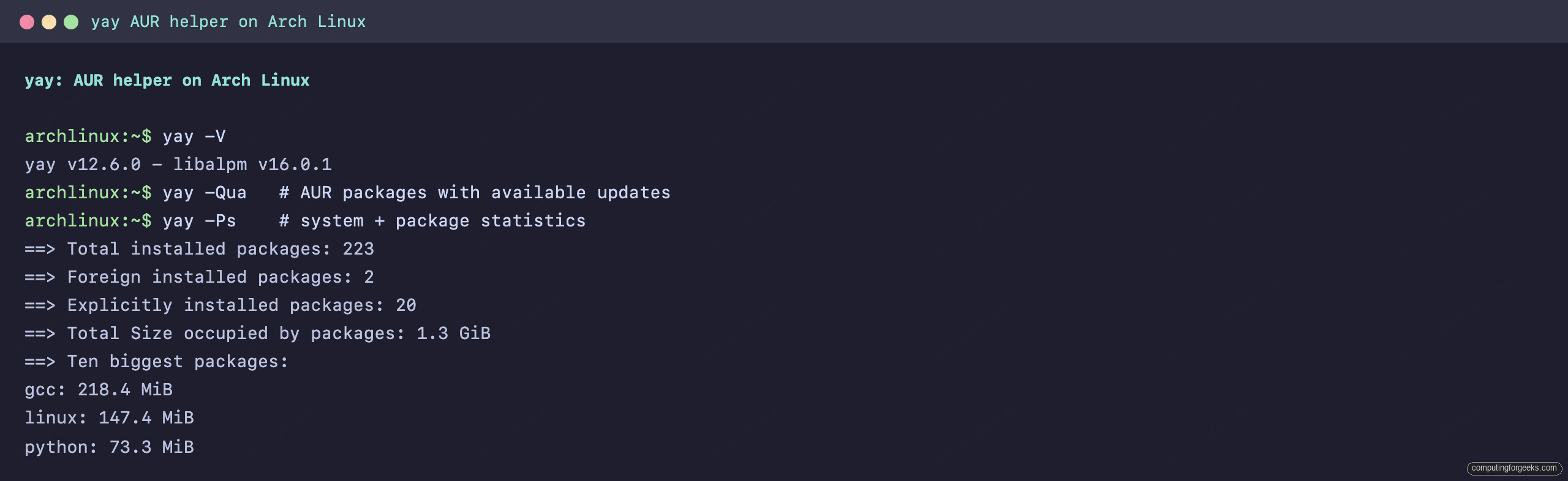 yay -Ps statistics and yay -Qua AUR updates output on Arch Linux
