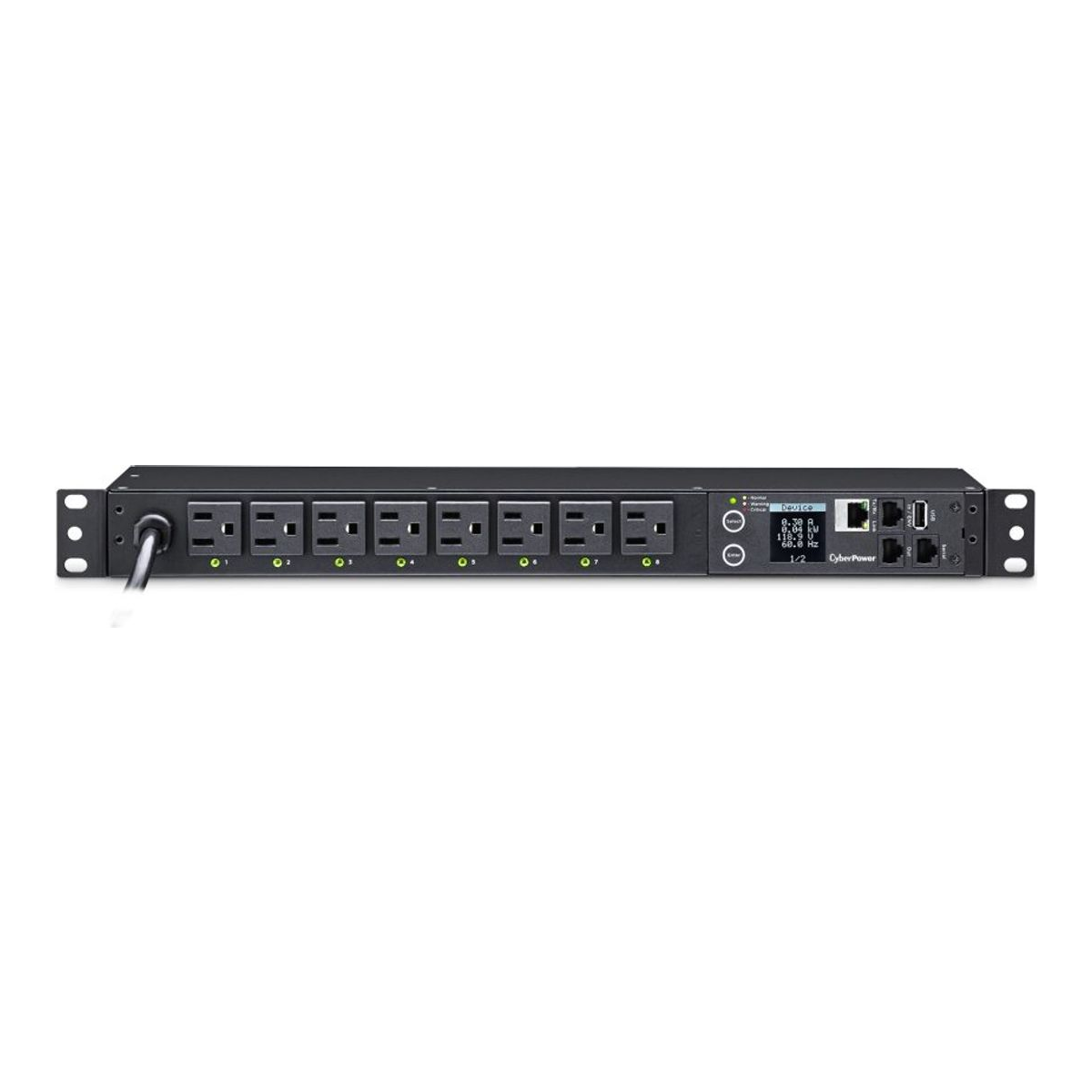 CyberPower PDU41001 switched rack PDU with per-outlet control, an LCD, and a network port
