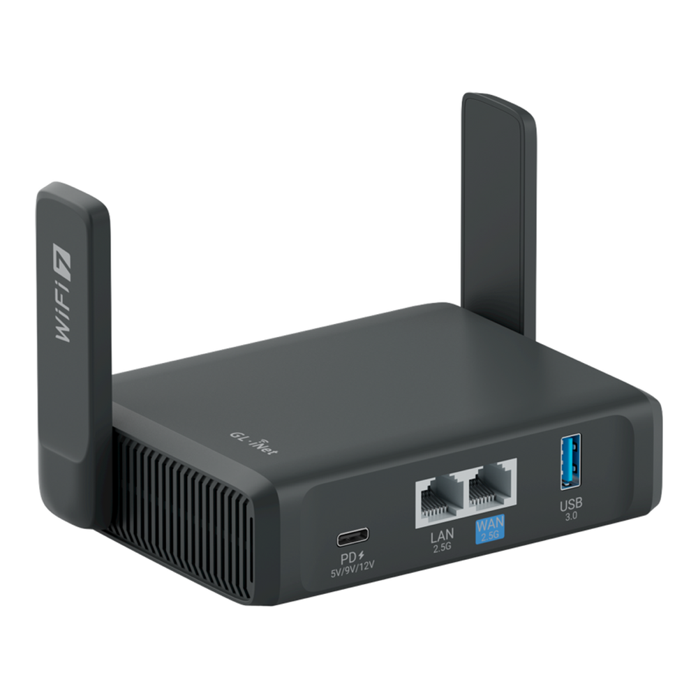 Best Travel Router for WireGuard and Tailscale 3 GL.iNet Slate 7 GL-BE3600 Wi-Fi 7 travel router with touchscreen