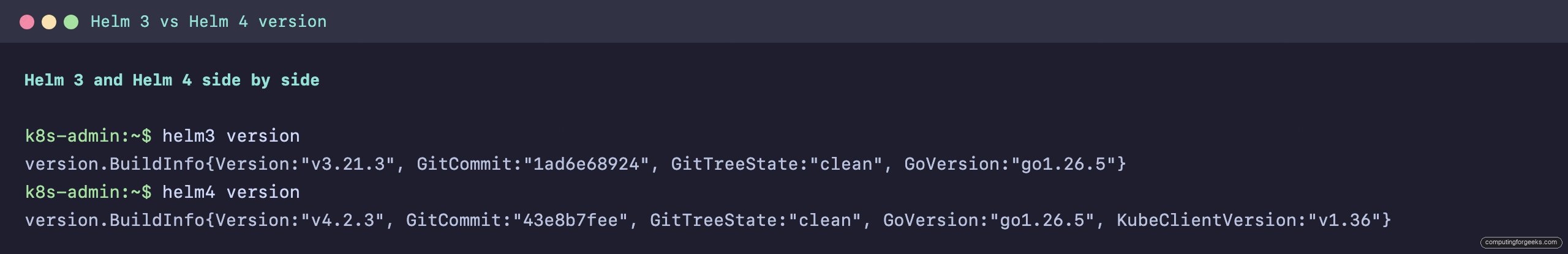 Migrate From Helm 3 to Helm 4 on Kubernetes 1 Helm 3 v3.21.3 and Helm 4 v4.2.3 version output side by side