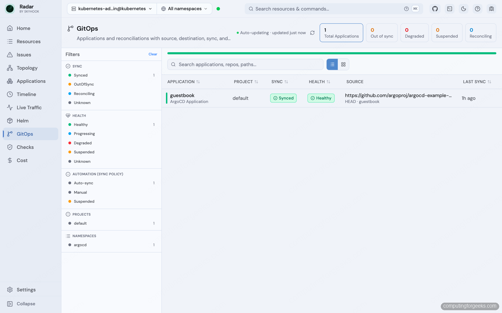 Radar: Open Source Kubernetes UI With Topology and MCP 5 Radar GitOps view showing an Argo CD application synced and healthy