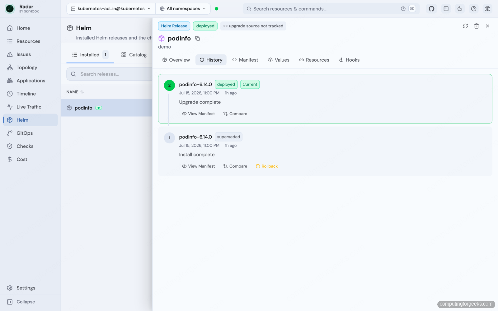 Radar: Open Source Kubernetes UI With Topology and MCP 4 Radar Helm release history with revision list rollback and diff for the podinfo release