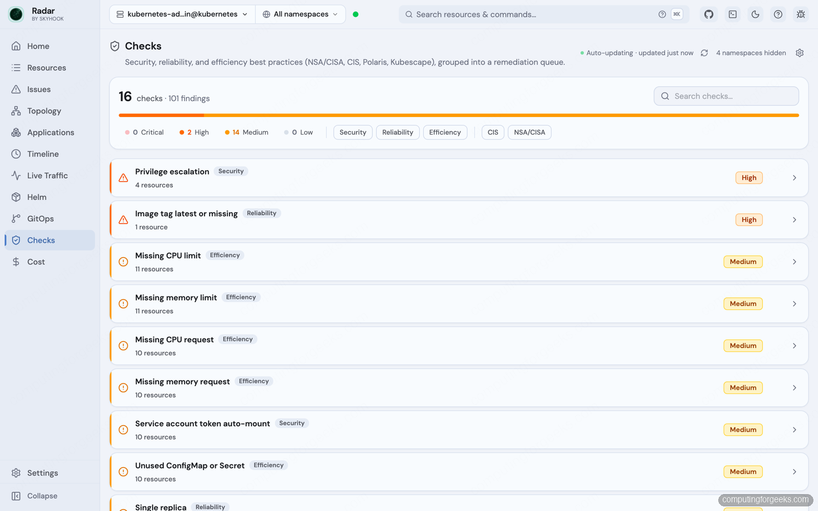 Radar: Open Source Kubernetes UI With Topology and MCP 8 Radar Kubernetes cluster audit showing best-practice checks and findings by severity