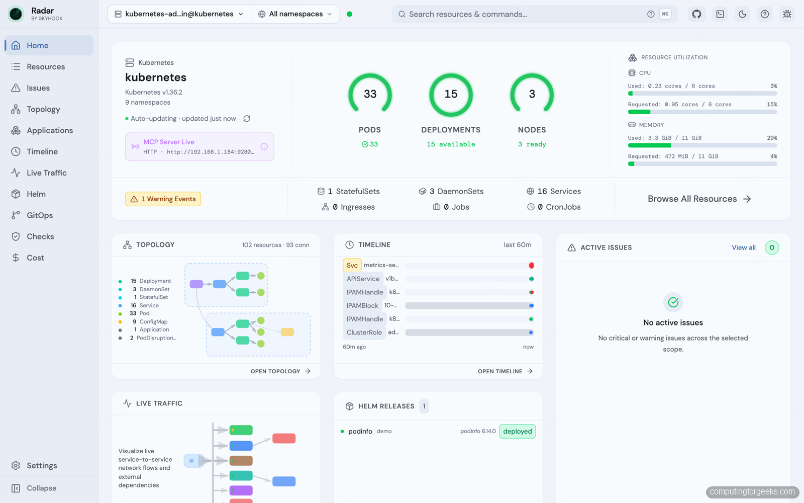 Radar: Open Source Kubernetes UI With Topology and MCP 1 Radar open source Kubernetes UI overview dashboard showing pods deployments nodes and MCP server