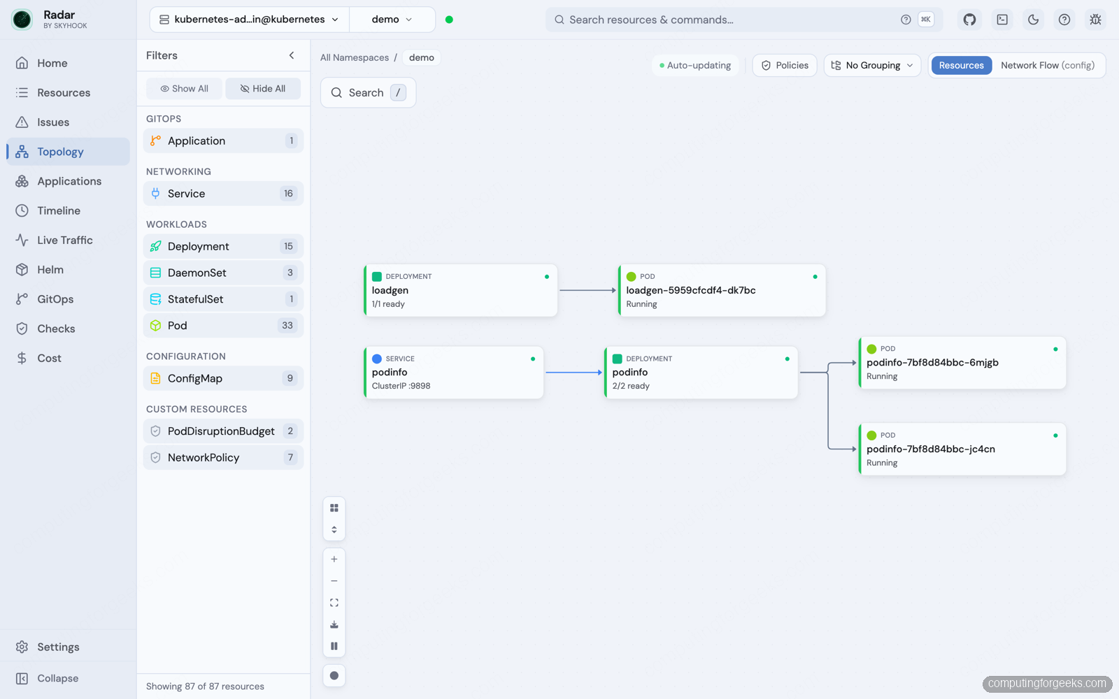 Radar: Open Source Kubernetes UI With Topology and MCP 2 Radar Kubernetes topology view showing podinfo service deployment and pod connections